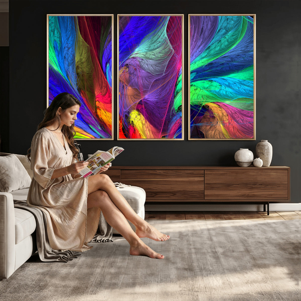 376925791-MGV-CV-36X24 - Colorful Abstract Canvas Wall Art, Rainbow Swirl Fractal Print, Bold Multicolor Living Room Decor, Vibrant Energy Art, Large Abstract Wall Art