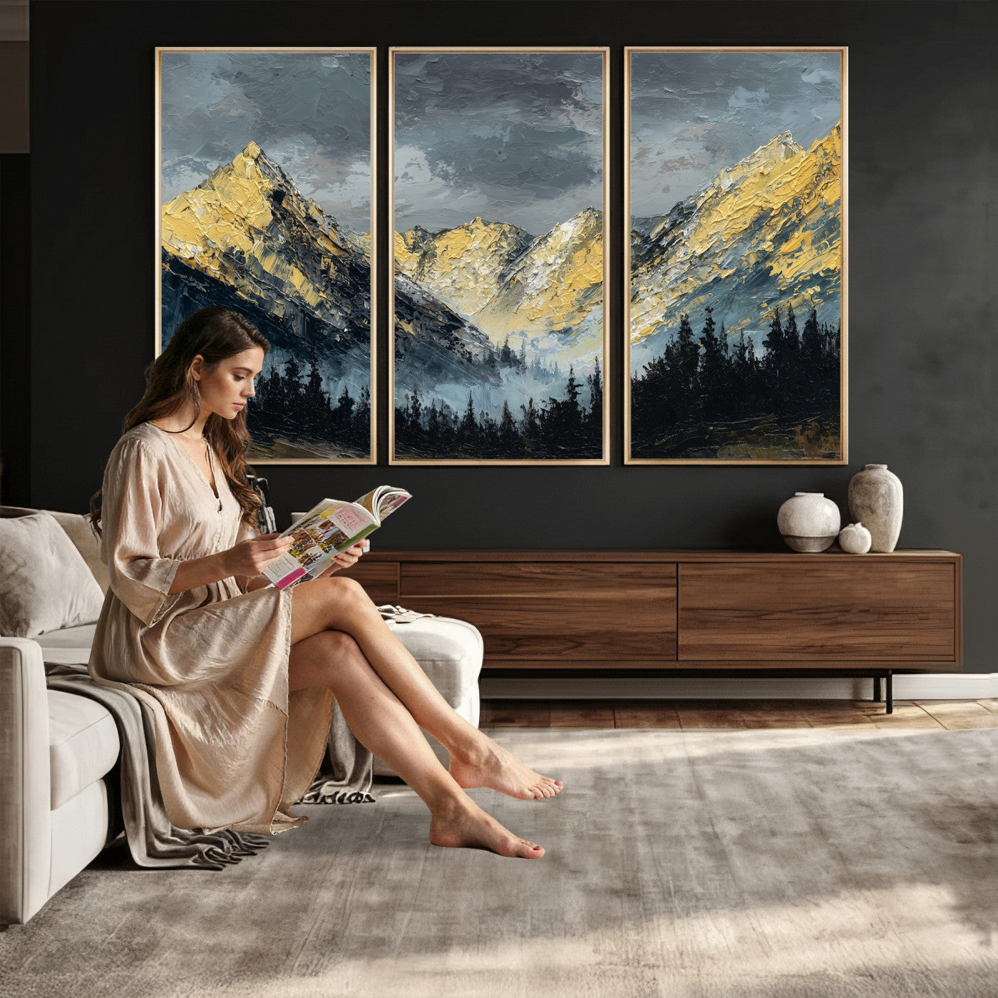 86912101-MGV-CV-48X32-3P - Abstract Mountain Wall Art Canvas Print Modern Landscape Painting Print