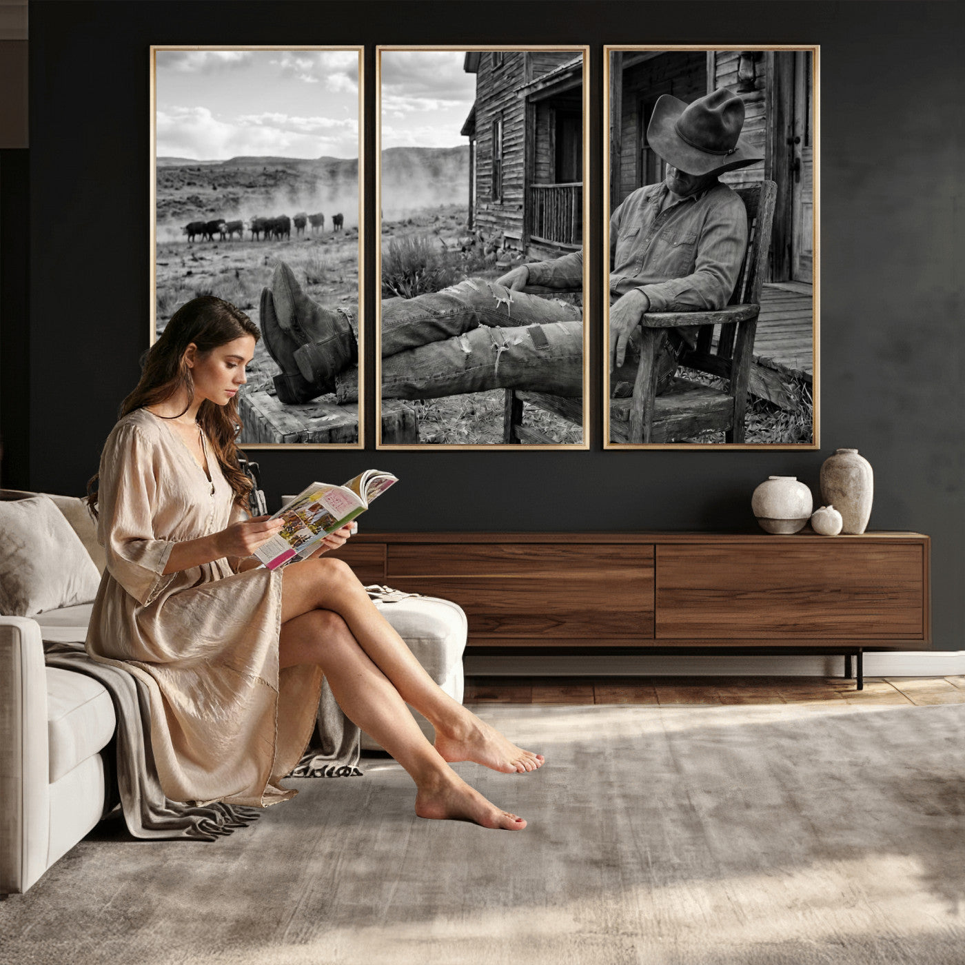 94461975S-MGV-CV-36X24 - Vintage Sleeping Cowboy Wall Art Canvas Print, Western Home Decor