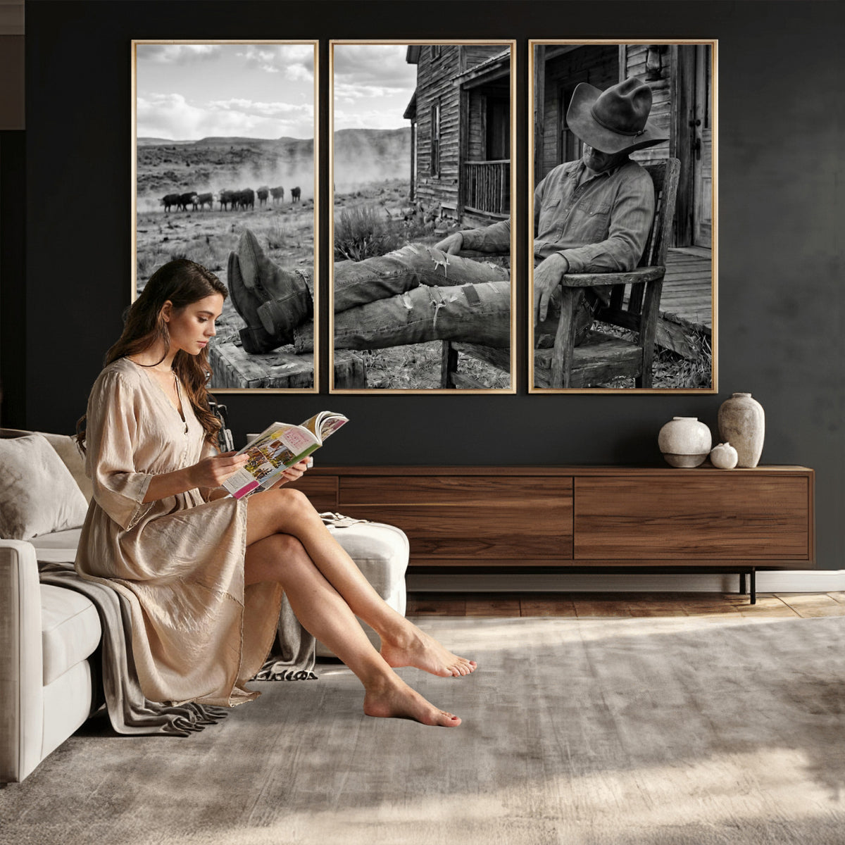 94461975S-MGV-CV-36X24 - Vintage Sleeping Cowboy Wall Art Canvas Print, Western Home Decor