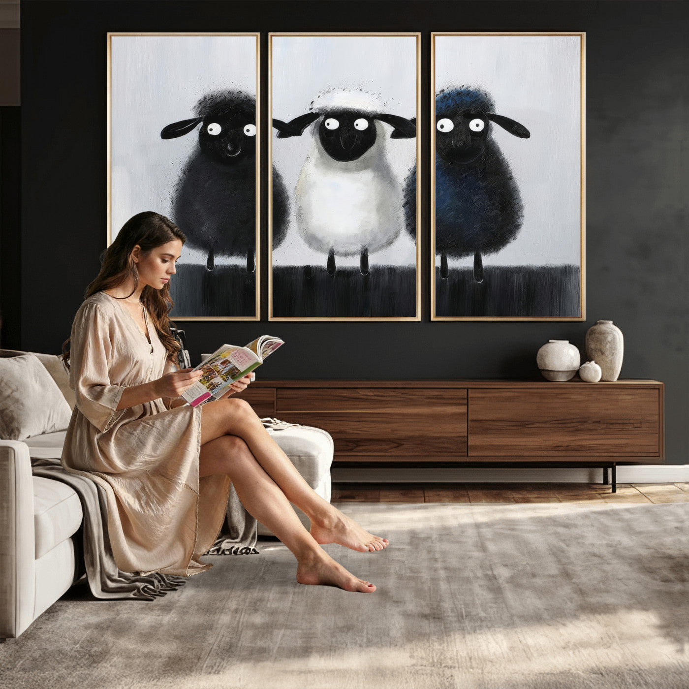 45650028-MGV-CV-36X24 - Funny Sheep Canvas Wall Art, Three Quirky Sheep Painting Print, Cute Animal Nursery Decor, Black White Navy Farmhouse Art, Kids Room Gift