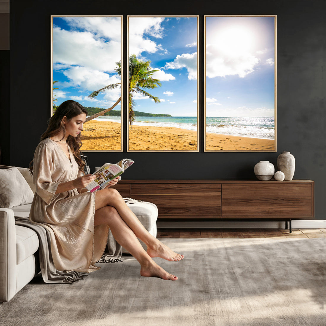Tropical Beach Canvas Wall Art, Palm Tree Ocean Photo Print, Coastal Living Room Decor