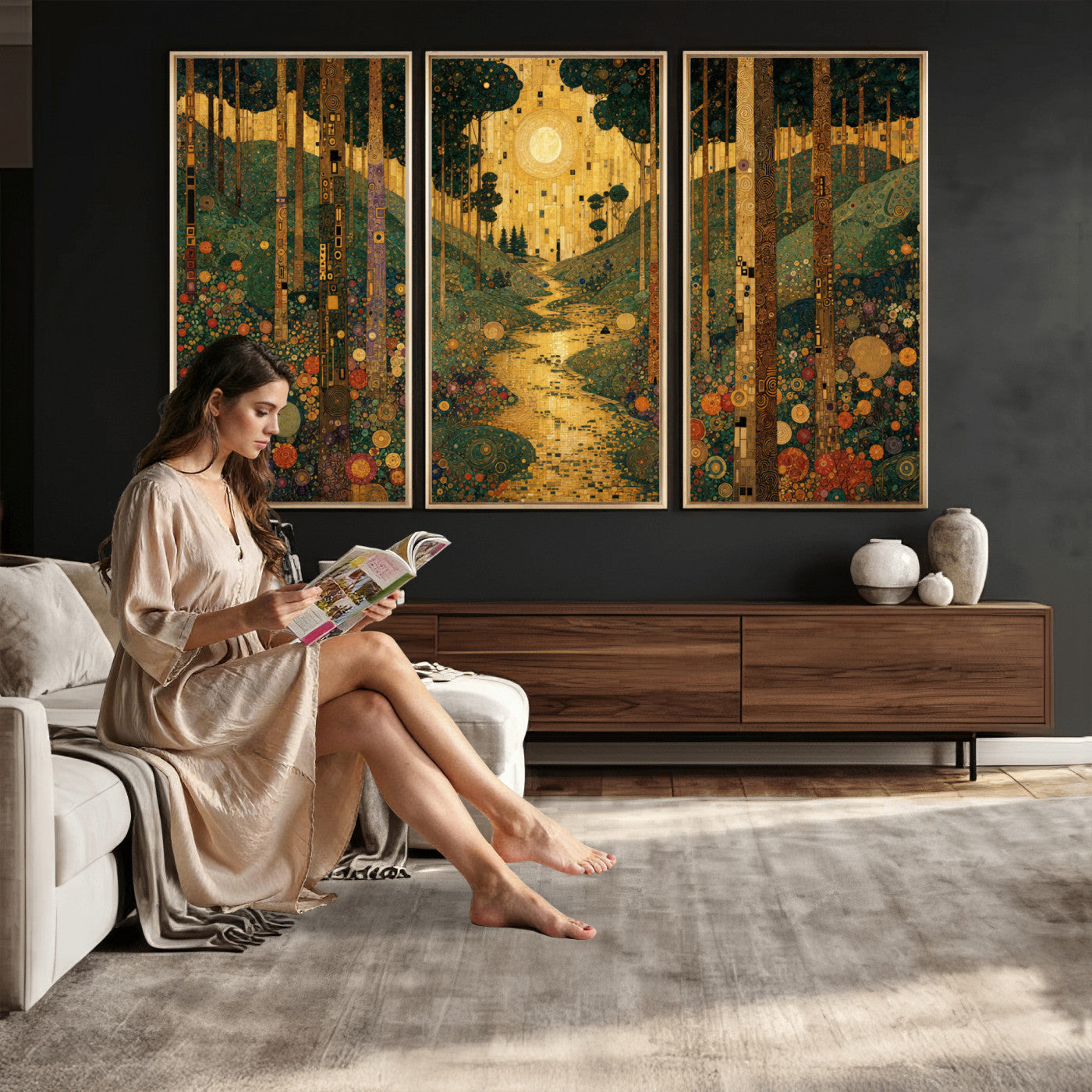 79483321GS-MGV-CV-48X32-3P - Gustav Klimt Style Forest Canvas Wall Art, Golden Forest Path Floral Art Nouveau Print, Enchanted Woodland Decor