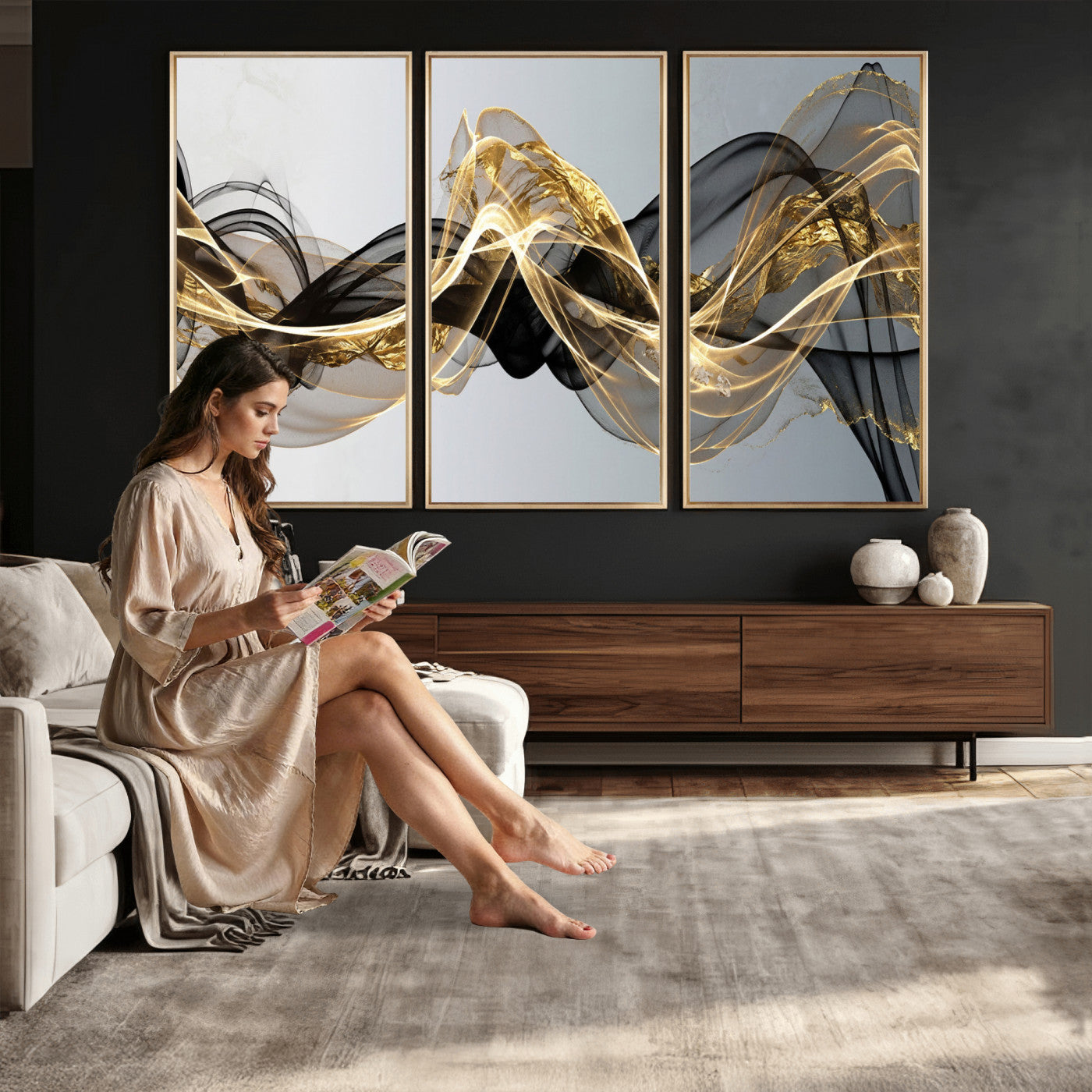 79483321DL-MGV-CV-36X24 - Black and Gold Abstract Wall Art, Modern Wave Canvas Print, Elegant Flowing Smoke Art, Luxury Living Room Decor