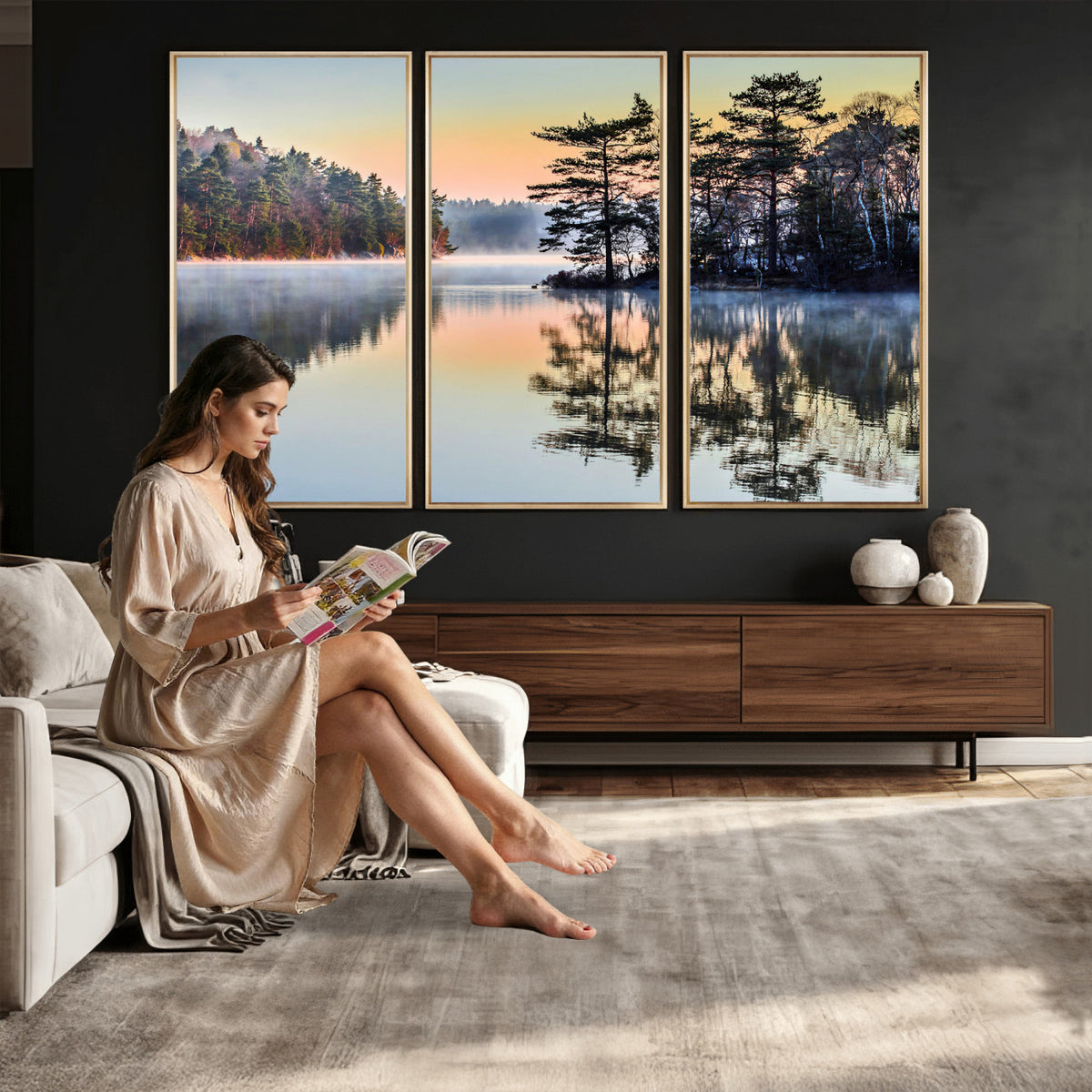 34236027-MGV-CV-36X24 - Before People Wake Canvas Wall Art Print, Misty Lake Sunrise Landscape, Forest Reflection Nature Decor, Ready to Hang