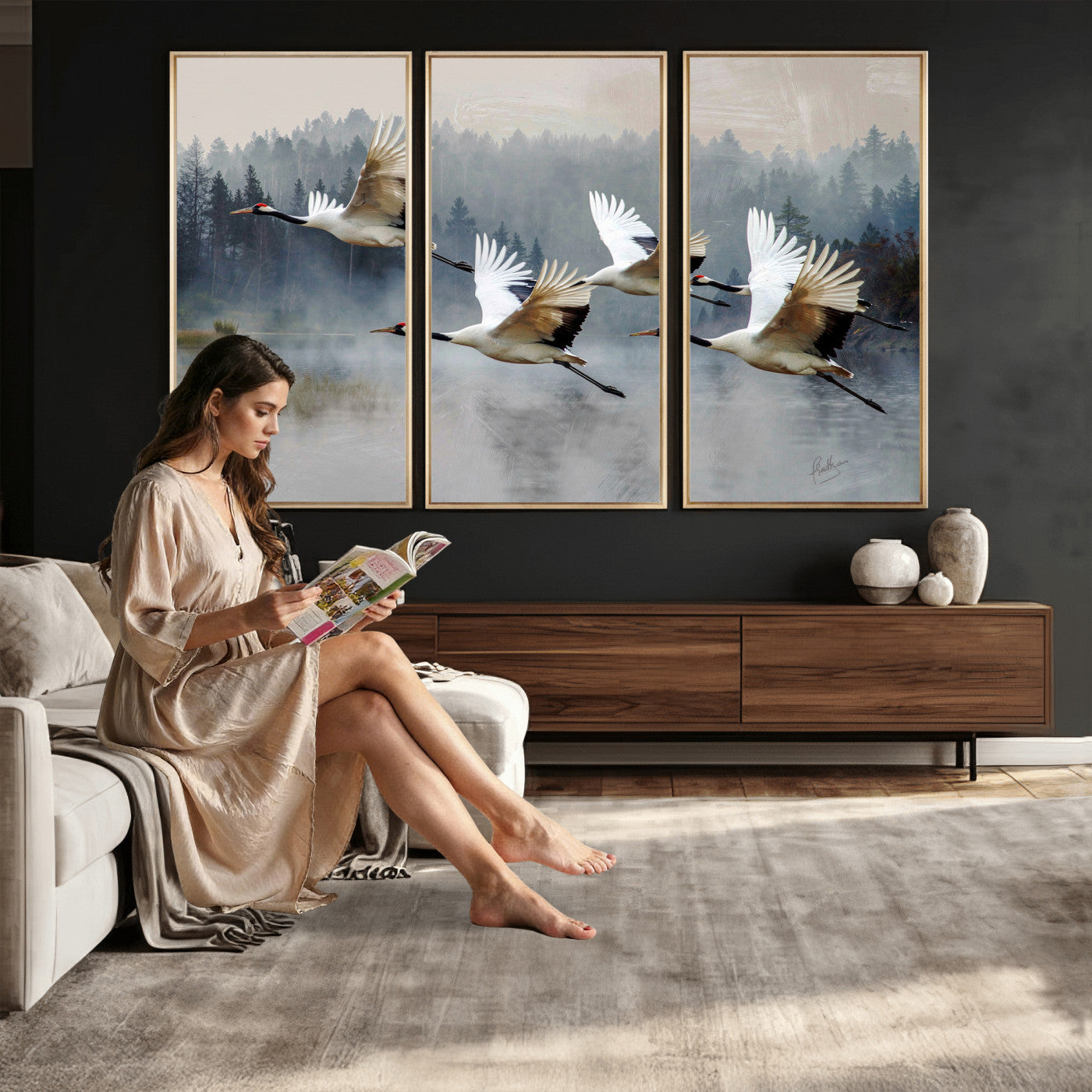 24356826-MGV-CV-36X24 - Flying Crane Canvas Wall Art Print, White Crane Bird Artwork, Wildlife Nature Decor, Lake Landscape Canvas, Ready to Hang