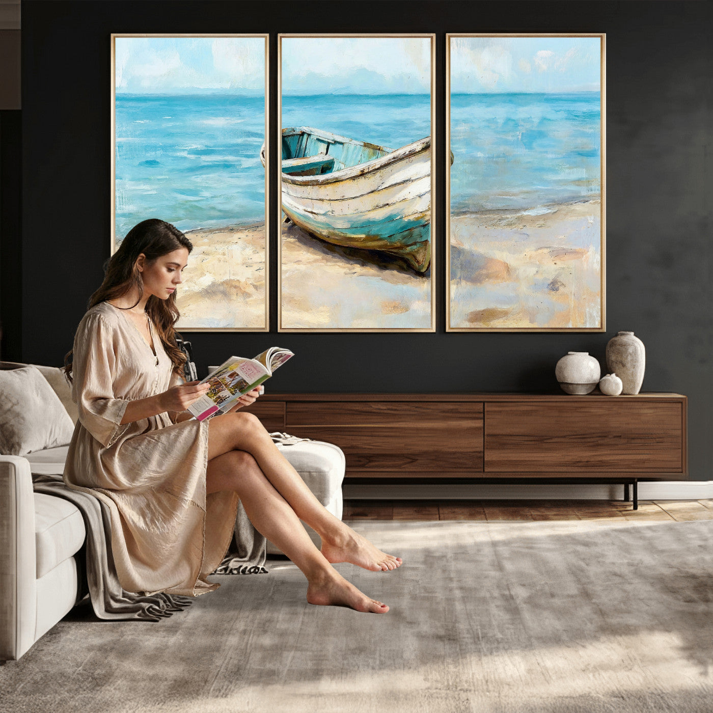 14780565-MGV-CV-36X24 - Coastal Boat Canvas Wall Art Print, Beach Boat Painting, Nautical Ocean Decor, Seascape Wall Art, Ready to Hang