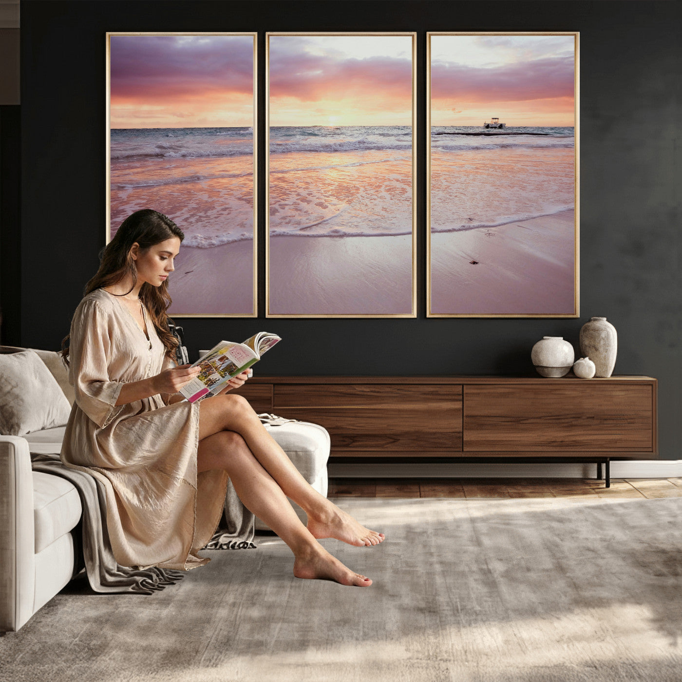 44765395-MGV-CV-36X24 - Beach Sunset Canvas Wall Art Print, Ocean Waves Landscape, Coastal Photography, Seascape Wall Decor, Ready to Hang