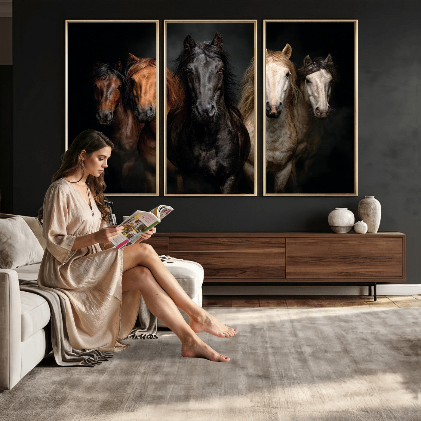 77696206-MGV-CV-36X24 - Horse Wall Art Canvas Print | Wild Horses Portrait Photography, Animal Horse Decor, Black Brown White Horse Herd