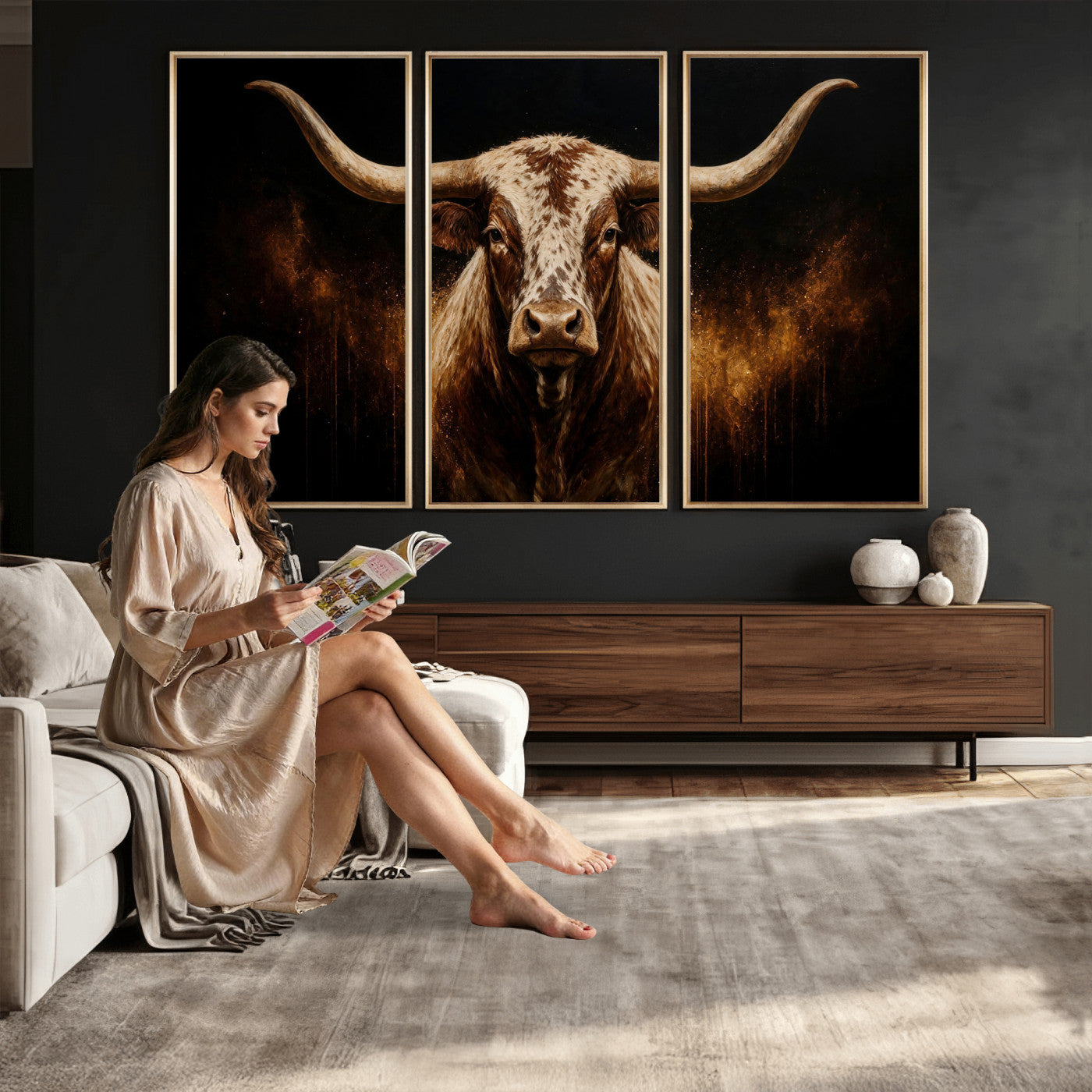 62076449-MGV-CV-48X32-3P - Texas Bull Cow Longhorn Canvas Wall Art Moody Western Bull Oil Painting Print