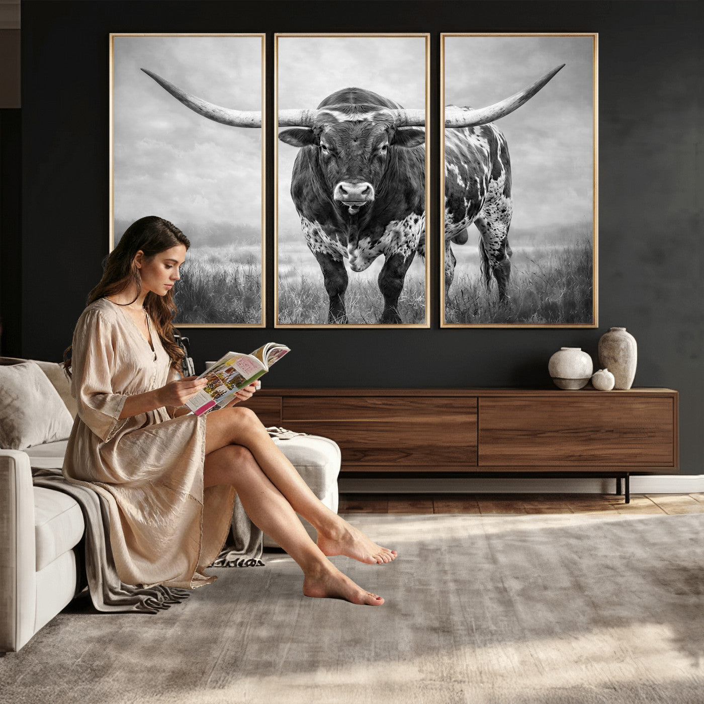 11121585-MGV-CV-36X24 - Texas Bull Wall Art Canvas Print for Farmhouse Restaurant Wall Decor