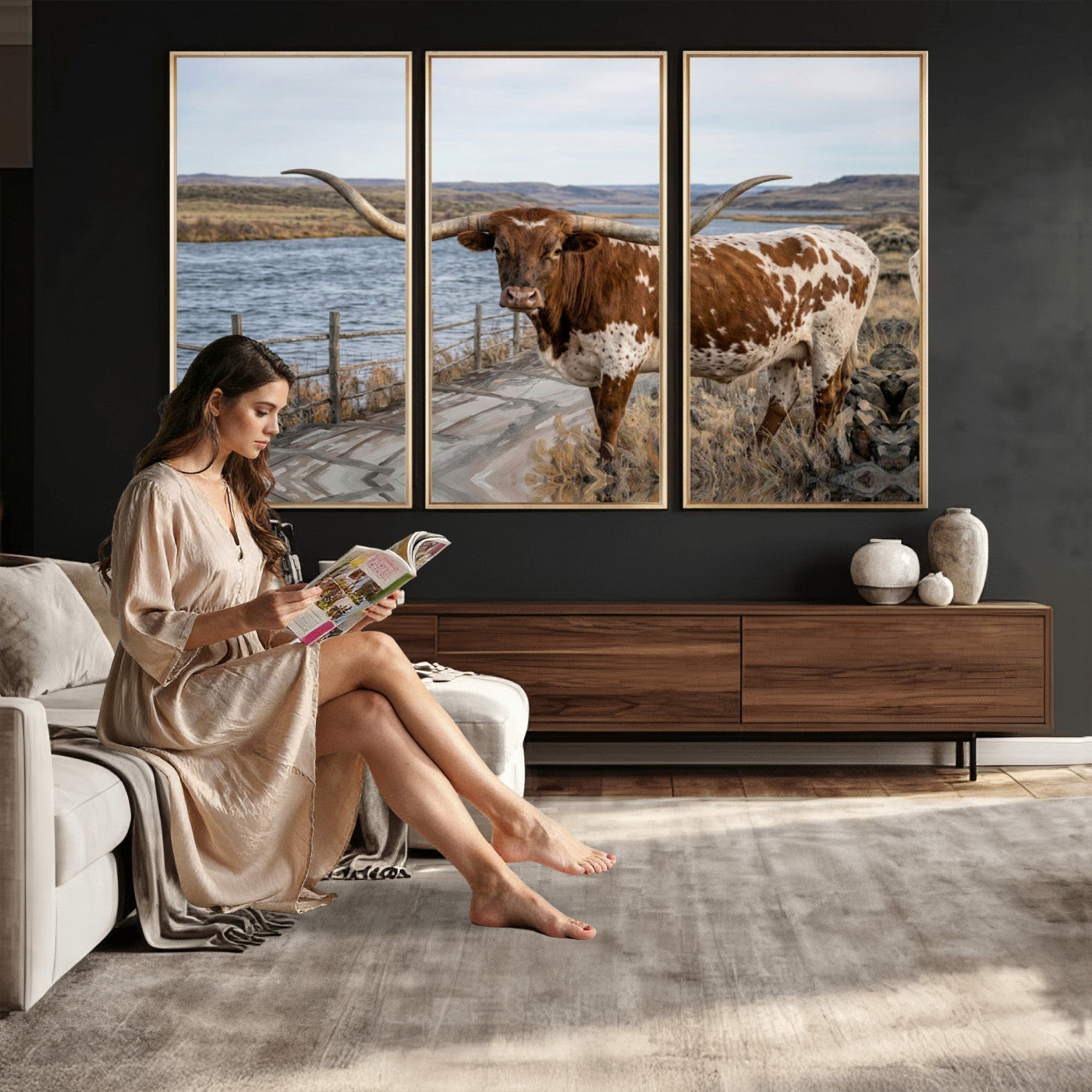 91575949-MGV-CV-36X24 - Texas Longhorn Cattle in Desert Pasture Wall Art Canvas Print - Rustic Western Decor