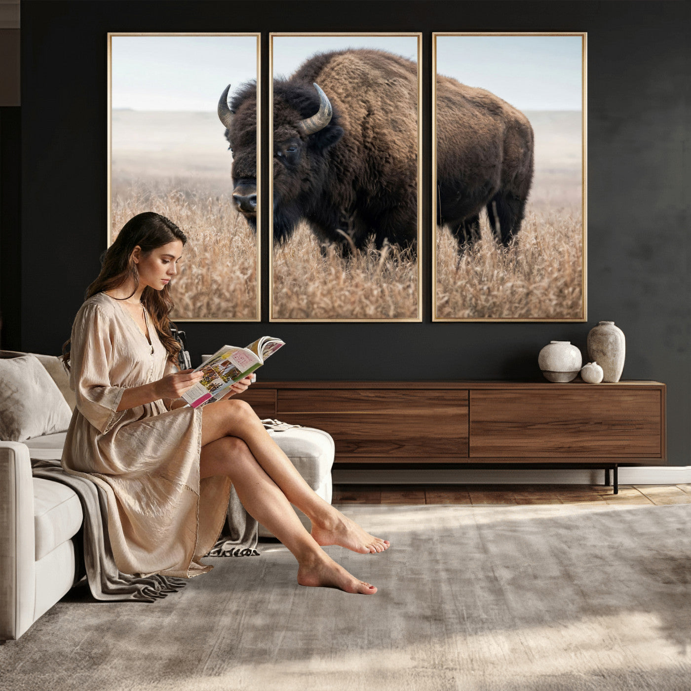 81029583-MGV-CV-36X24 - American Bison in Prairie Field Wall Art Canvas Print - Rustic Wildlife Photography