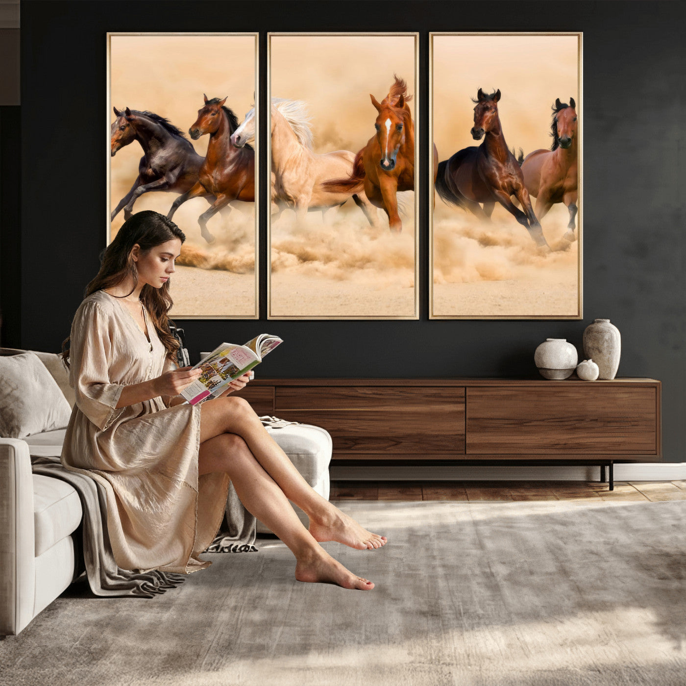 90610949-MGV-CV-36X24 - Herd of Six Wild Horses Galloping in Dust Storm Wall Art Canvas Print - Majestic Wildlife Decor