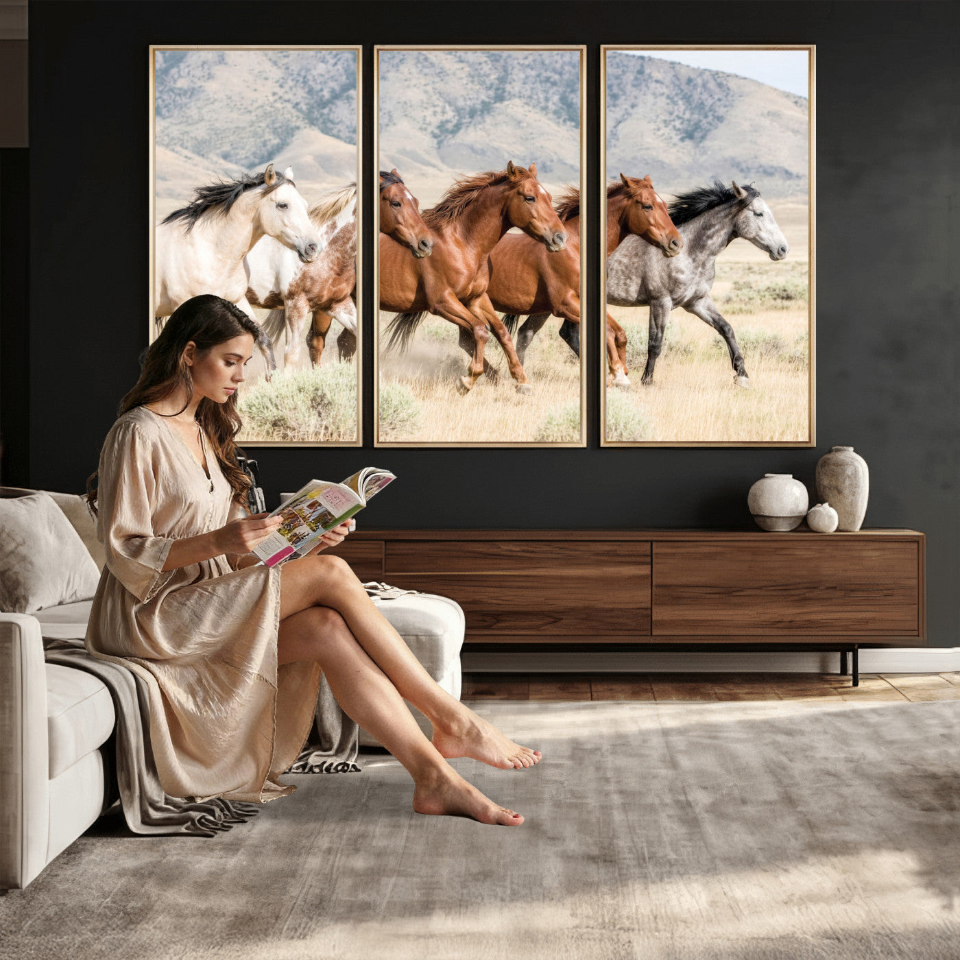 68345893-MGV-CV-36X24 - Five Mustangs Running Wild in Mountain Valley Wall Art Canvas Print - Rustic Western Decor