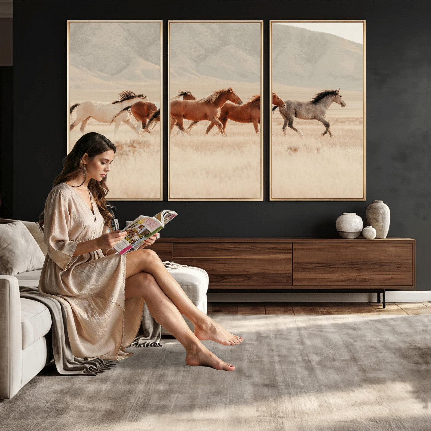 43348446-MGV-CV-36X24 - Herd of Wild Horses Running in Desert Mountain Wall Art Canvas Print - Boho Western Landscape