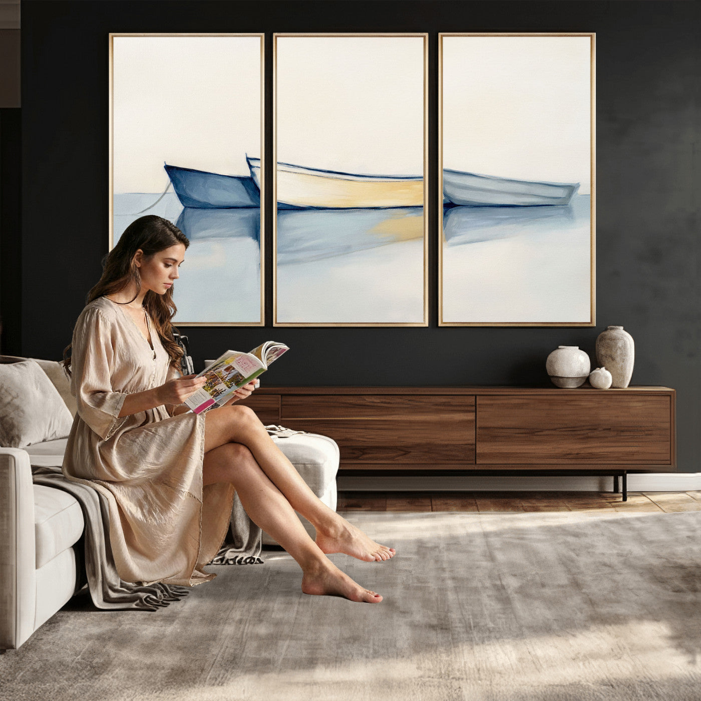 84017361-MGV-CV-36X24 - Abstract Three Boats Reflecting on Water Wall Art Canvas Print - Minimalist Coastal Seascape