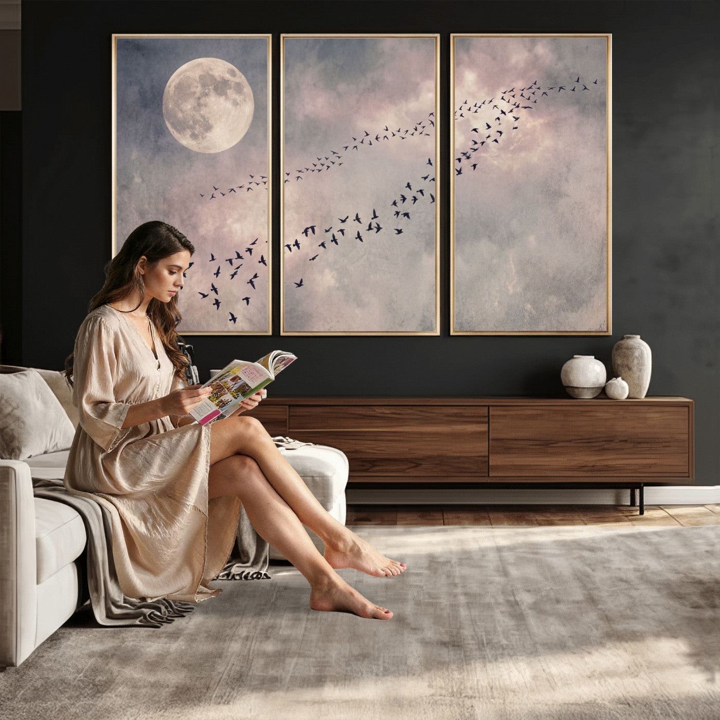 52339590-MGV-CV-36X24 - Birds Flying to Moon Wall Art Canvas Print - Vintage Surreal Night Sky Sky Print