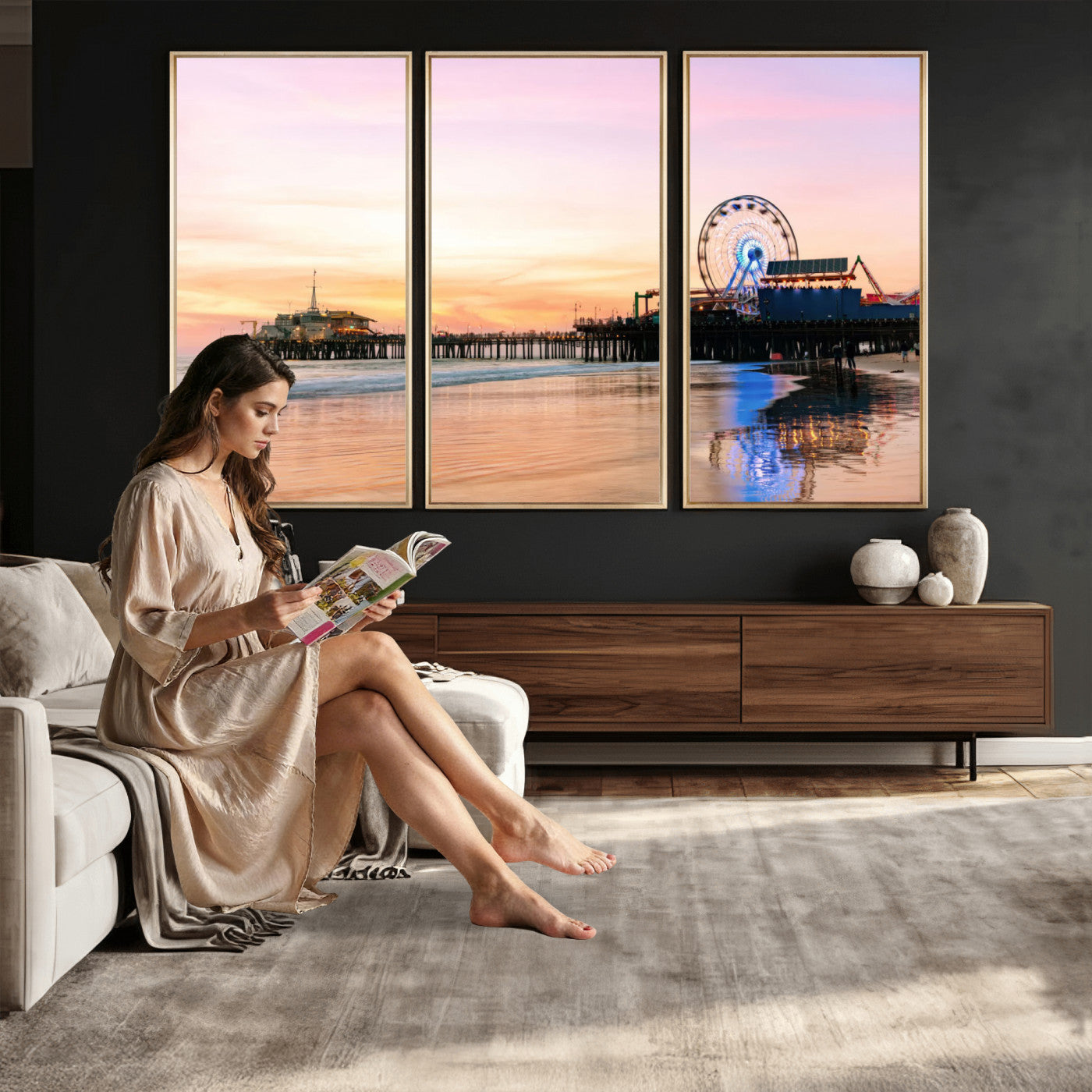 27381272-MGV-CV-36X24 - Santa Monica Pier Sunset Beach Wall Art Canvas Print, California Ferris Wheel Photo Print
