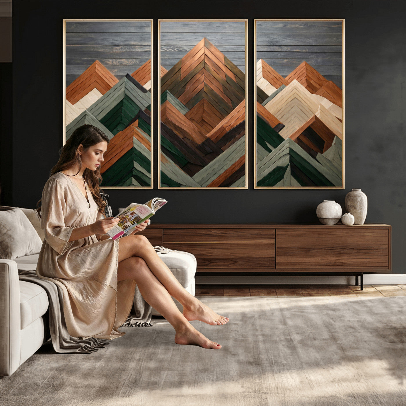 84617347-MGV-CV-36X24 - Geometric Wood Mountain Wall Art Canvas Print, 3D Look Rustic Mosaic Landscape Print