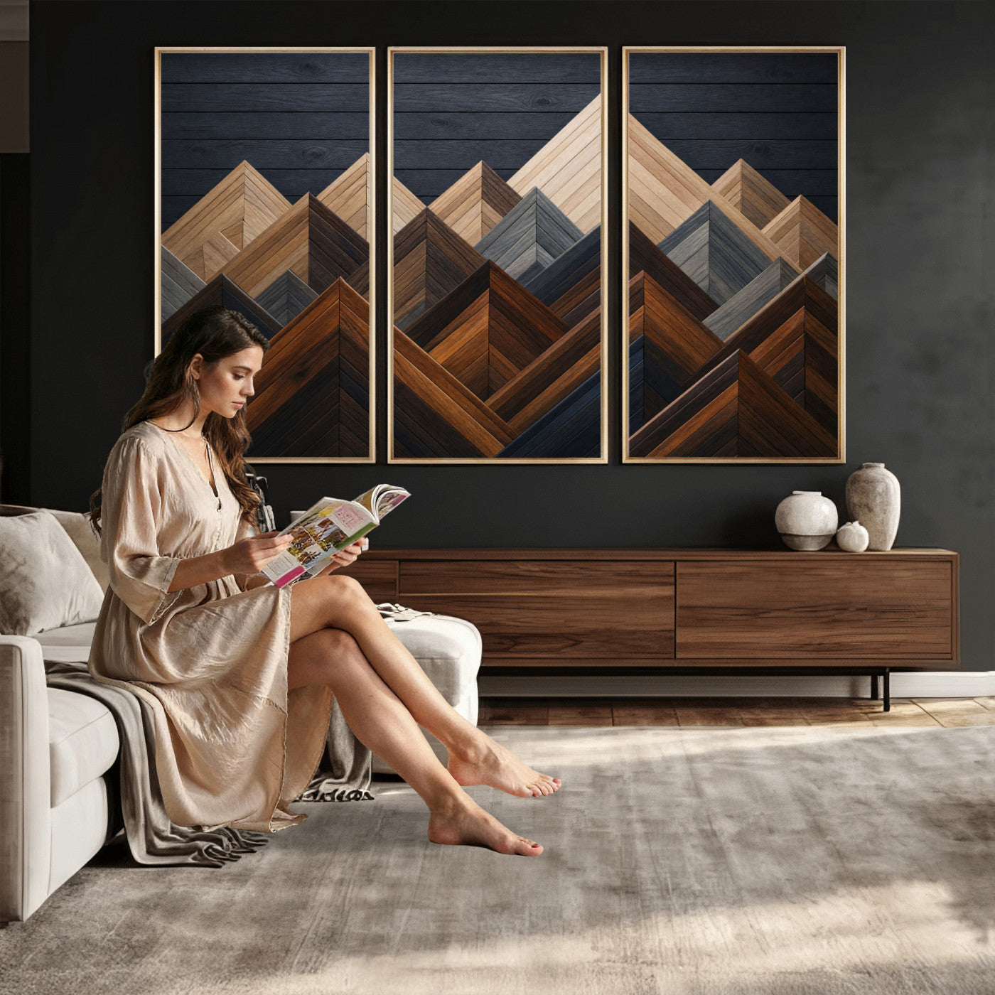 70531117-MGV-CV-36X24 - Geometric Wood Mountain Wall Art Canvas Print, 3D Look Rustic Mosaic Landscape Print