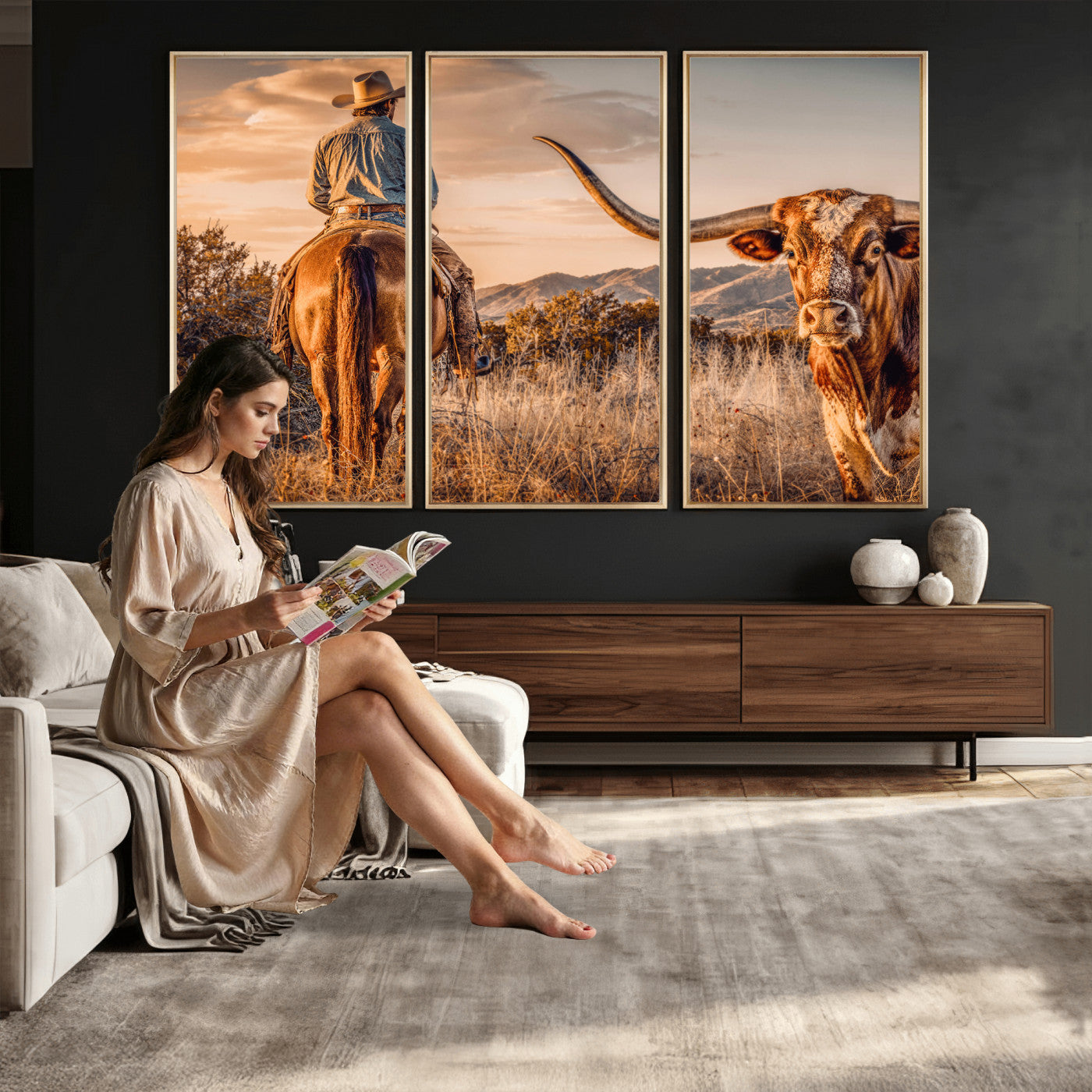 62076449C-MGV-CV-36X24 - Texas Cowboy and Longhorn Bull Print for Western Wall Art Decor for Farmhouse