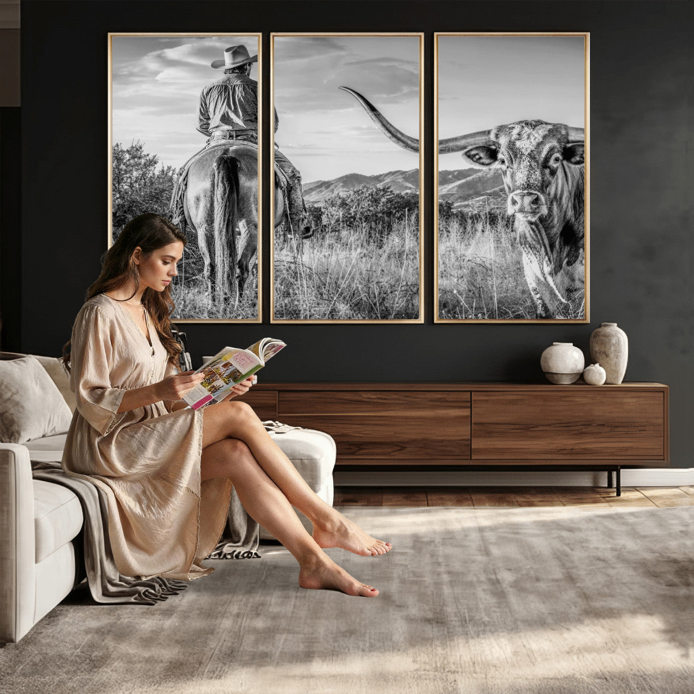 62076449WB-MGV-CV-36X24 - Texas Cowboy and Longhorn Bull Print for Western Wall Art Decor for Farmhouse