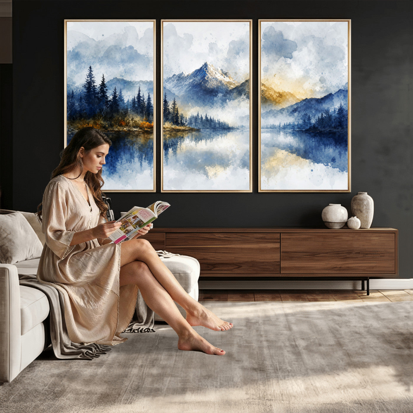 62076449DG-MGV-CV-36X24 - Abstract Watercolor Mountain Lake Wall Art Print for Living Room Decor