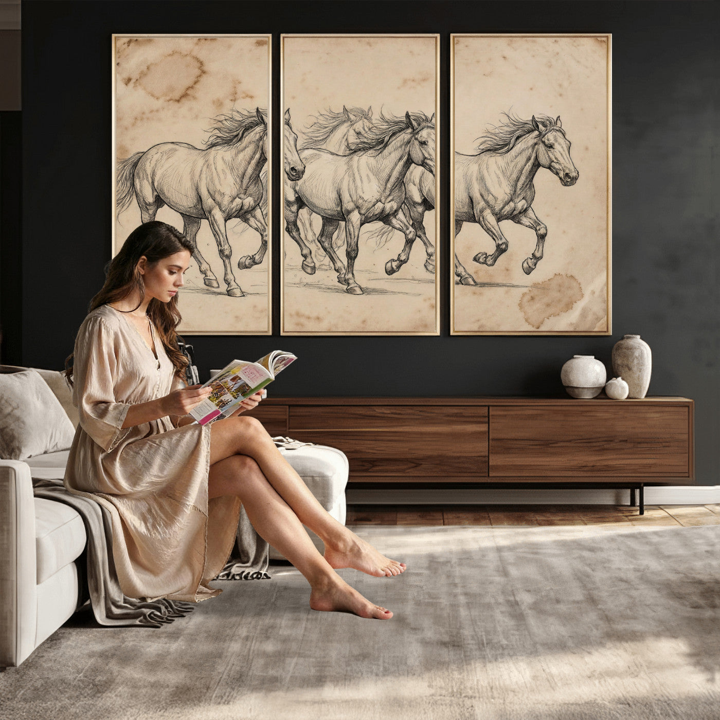 56046981-MGV-CV-36X24 - Sepia Wild Horses Canvas Art, Antique Pencil Drawing Print, Vintage Gallery Wall Decor, Rustic Equestrian Artwork, Traditional Den Gift