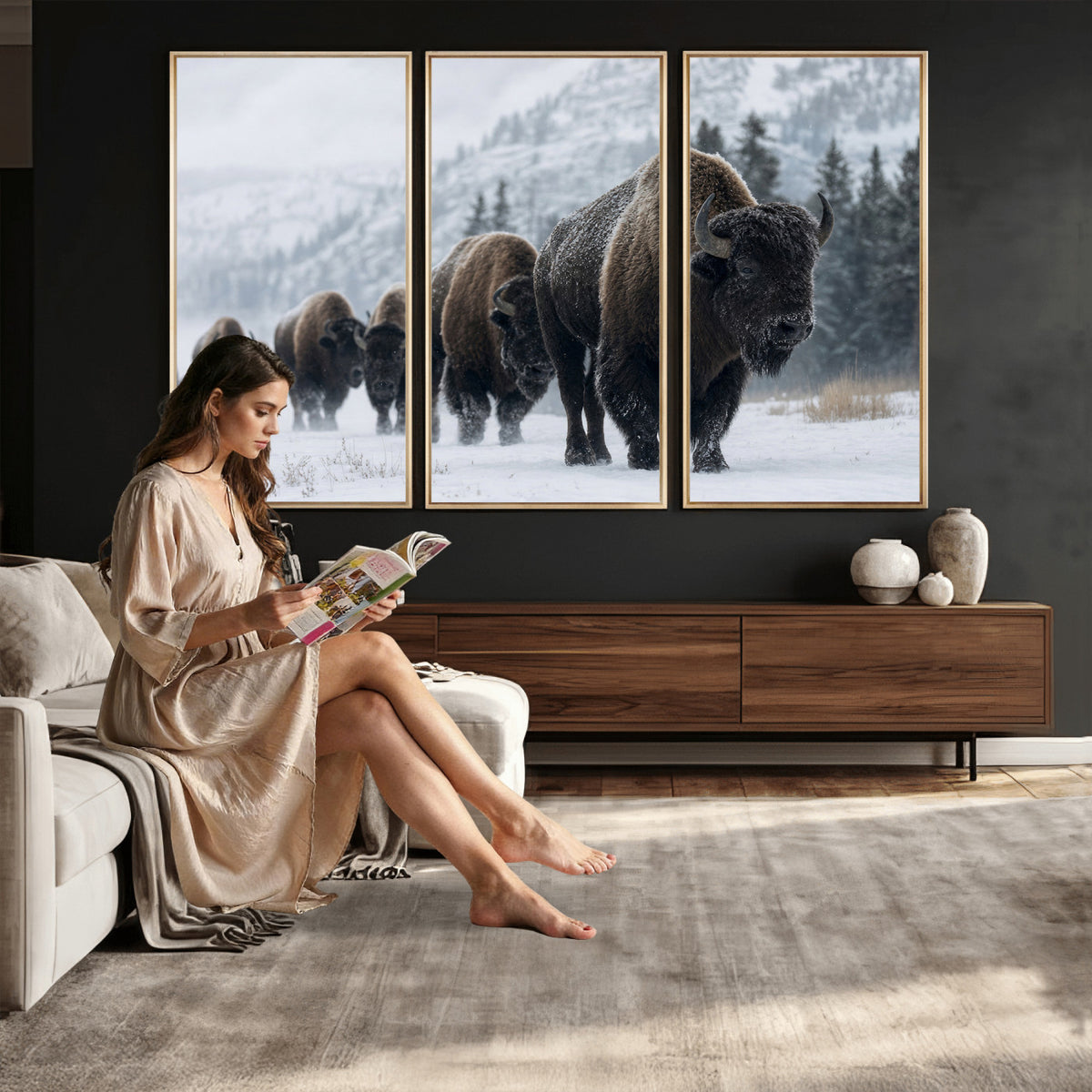 18343289-MGV-CV-36X24 - Rustic Bison Wall Art, American Buffalo Photo Print, Wildlife Canvas Artwork, Snowy Mountain Decor, Large Nature Poster, Cabin Gift Idea