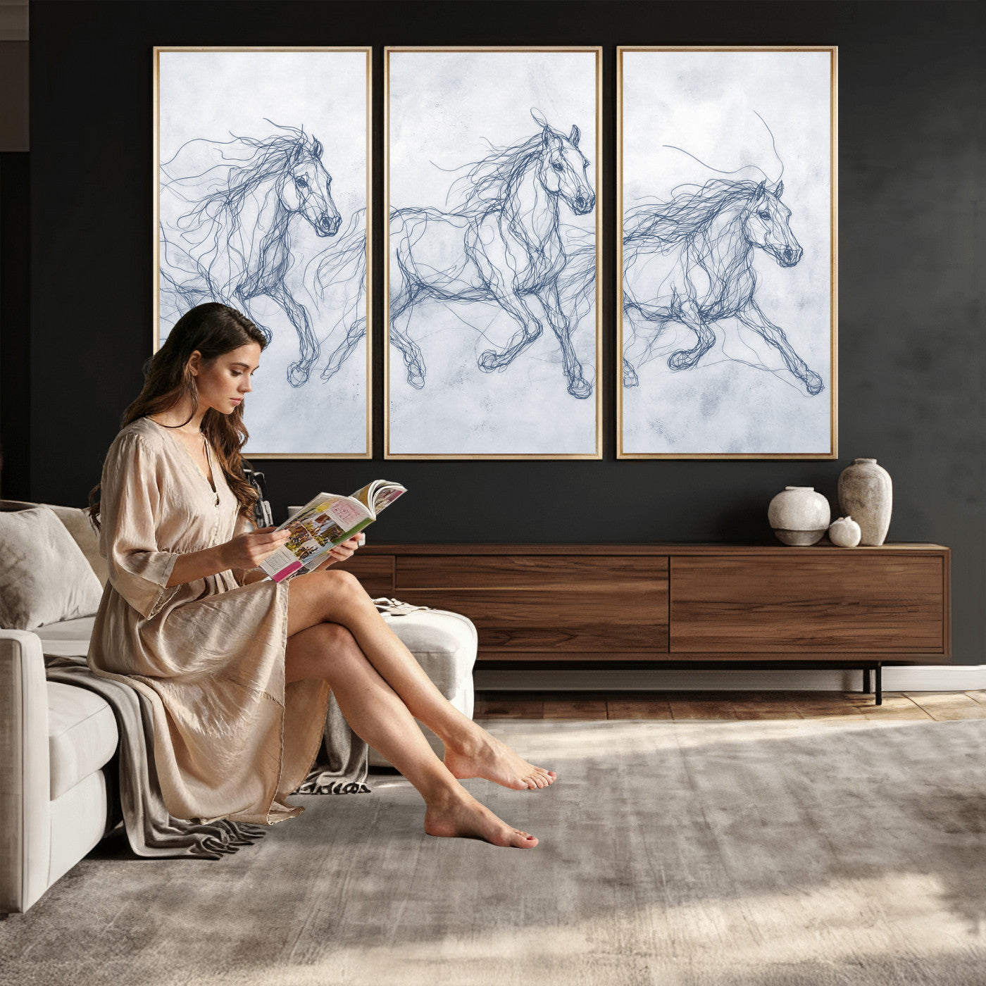41163601-MGV-CV-36X24 - Indigo Blue Horse Line Art Canvas, Steel Grey Wild Horses Print, Abstract Navy Scribble Artwork, Modern Slate Equine Wall Decor, Coastal Ranch Gift