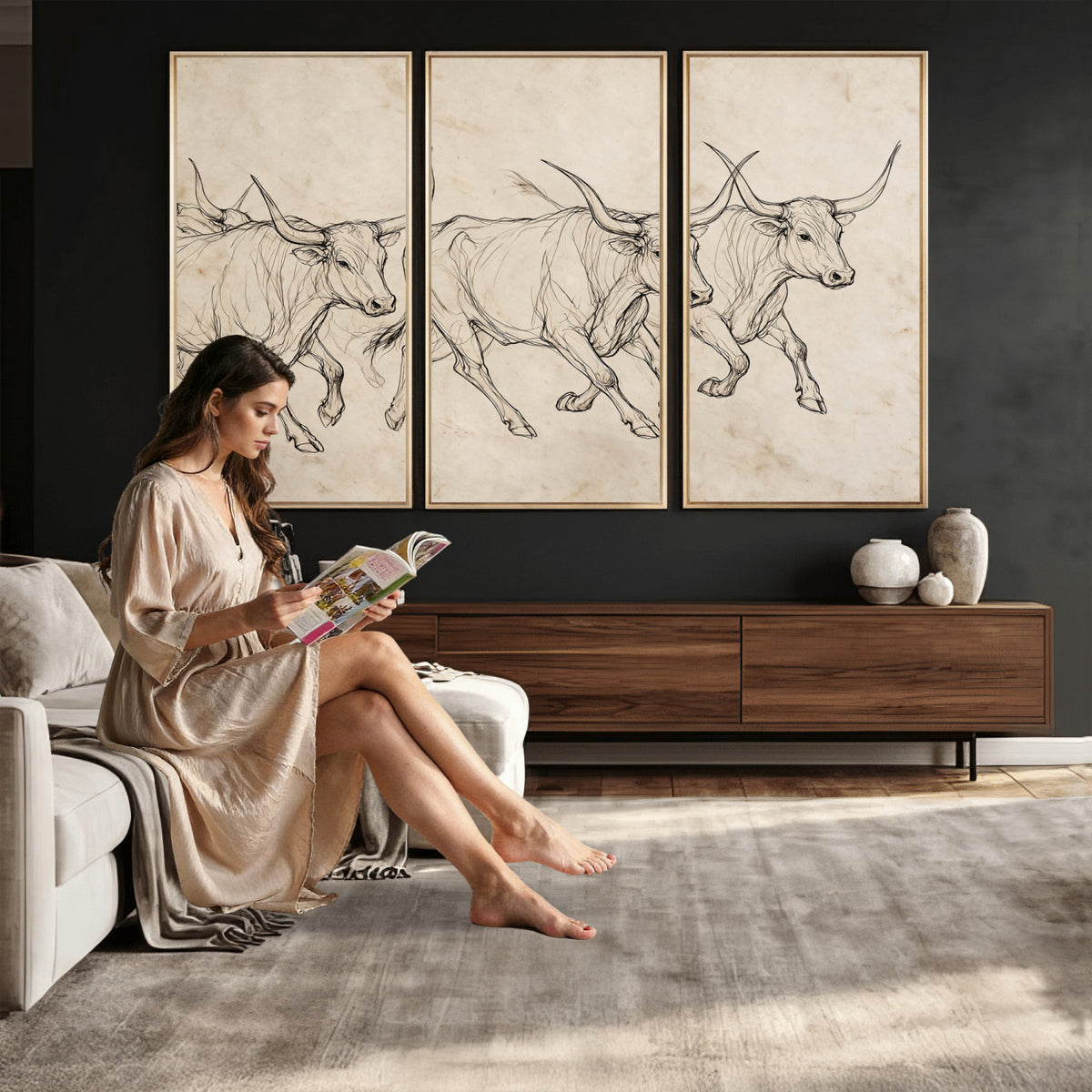 87177621-MGV-CV-36X24 - Minimalist Longhorn Line Art, Modern Texas Bull Canvas Print, Abstract Western Wall Decor, Continuous Line Artwork, Black White Ranch Gift