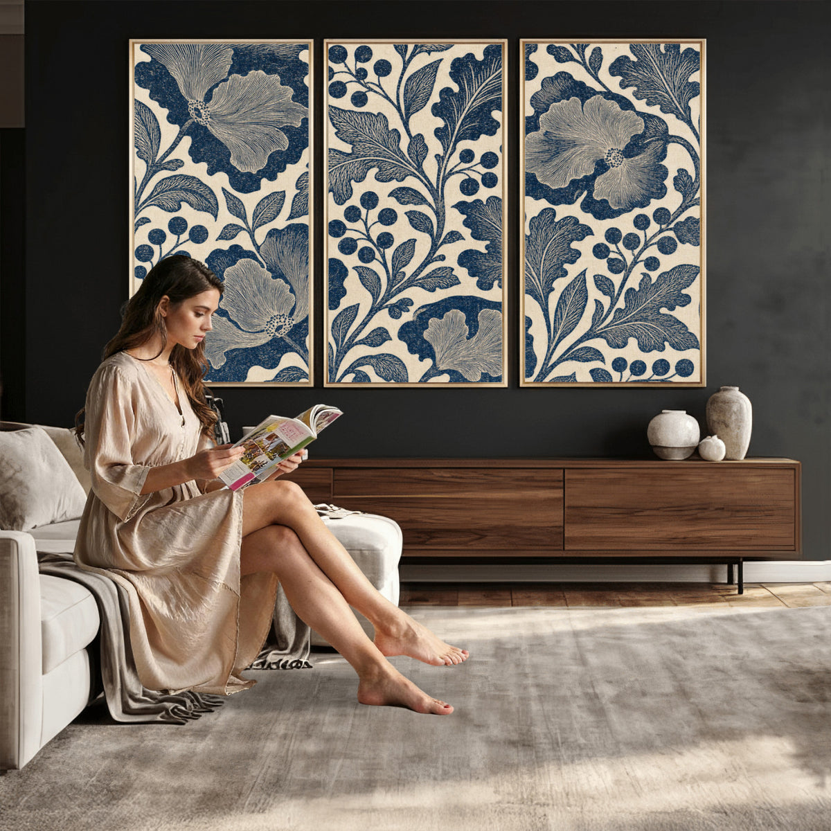 23824002-MGV-CV-36X24 - William Morris Style Navy Blue Floral Wall Art Canvas Print, Vintage Cream Botanical Painting Print