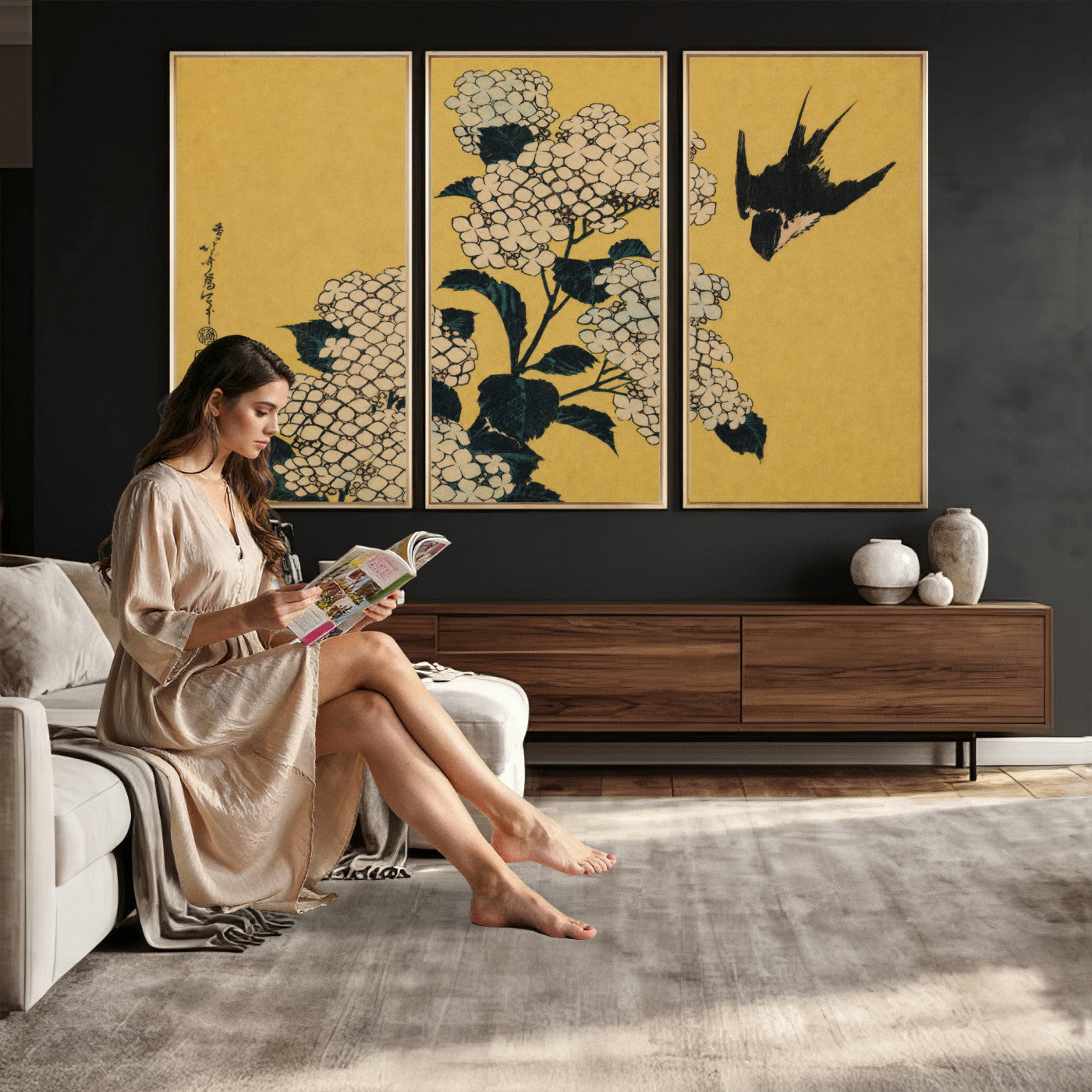 92483501-MGV-CV-36X24 - Katsushika Hokusai Hydrangea and Swallow Wall Art Canvas Print, Japanese Woodblock Painting Print