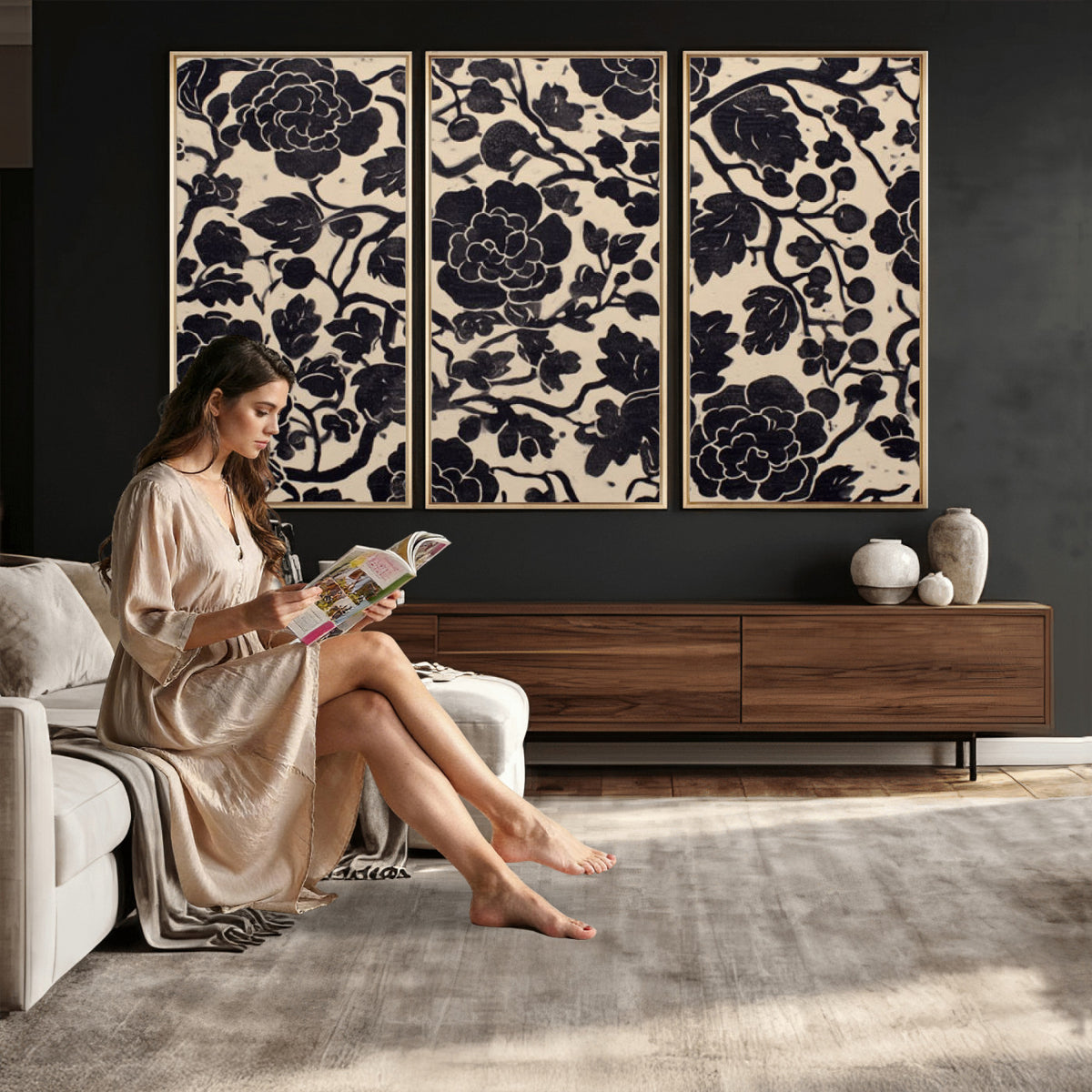 86696255-MGV-CV-36X24 - Vintage Black and Cream Floral Wall Art Canvas Print, Chinoiserie Botanical Painting Print