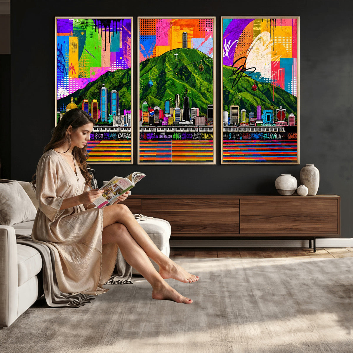 86696255-MGV-CV-36X24 - Mount Ávila, Caracas, Venezuela Wall Art Print by Artist Yorlette - Graffiti Caracas Skyline Canvas Art, Colorful Street Artwork - Venezuela El Avila Poster Print