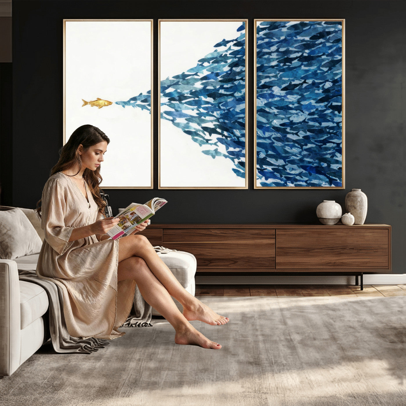 79089639-MGV-CV-36X24 - Abstract Blue Fish School Canvas Wall Art, Gold Foil Accent Marine Print