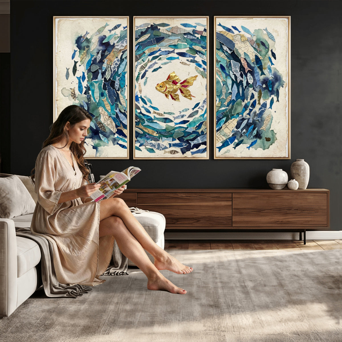73165663-MGV-CV-36X24 - Mixed Media Blue Fish Swirl Canvas Wall Art, Goldfish Collage Ocean Print