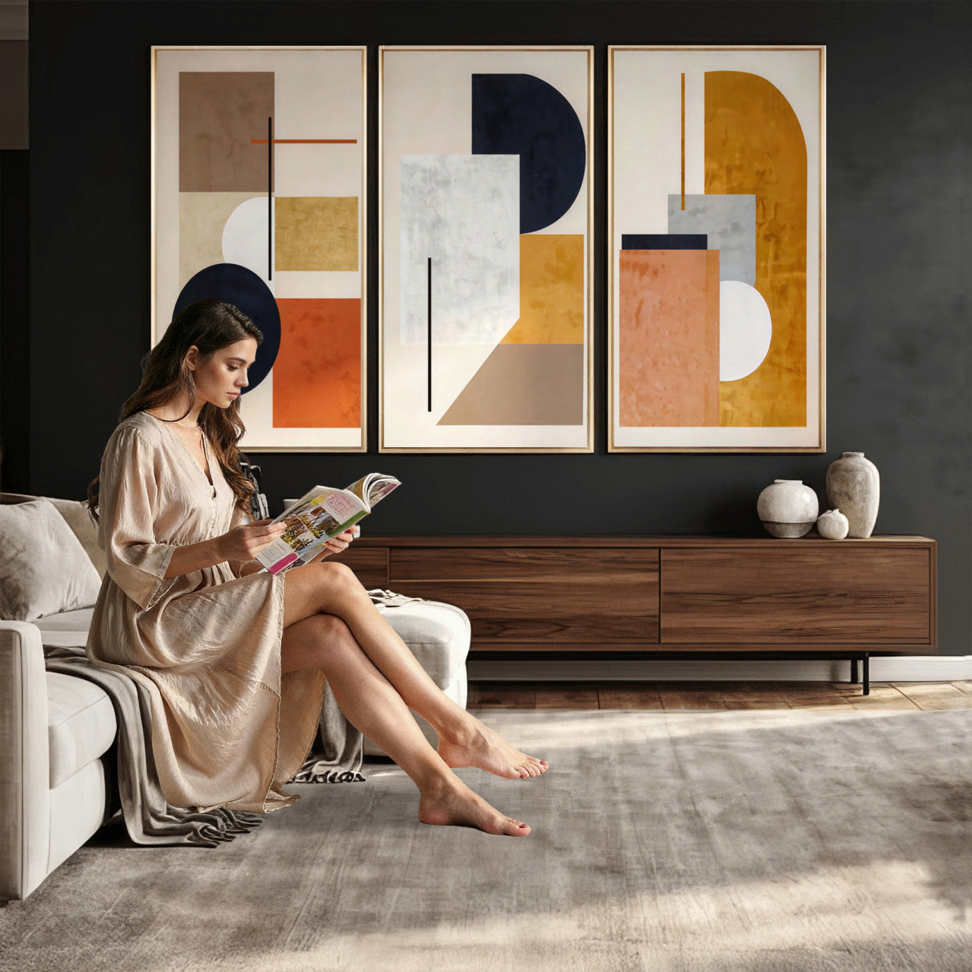 87361249-MGV-CV-48X32-3P - Mid Century Modern Geometric Canvas Wall Art, Abstract Triptych Print