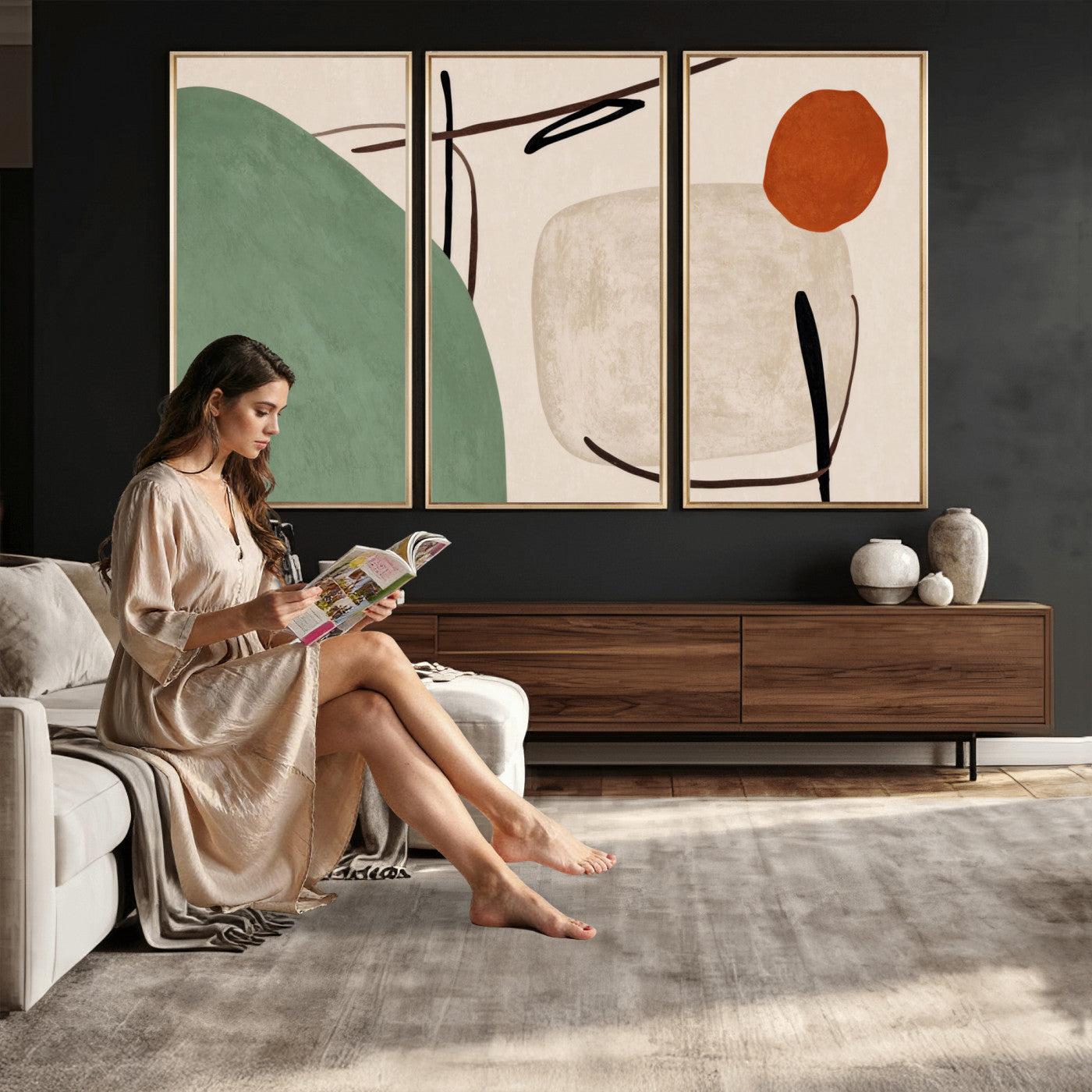 46798824-MGV-CV-48X32-3P - Mid Century Modern Geometric Canvas Wall Art, Abstract Triptych Print