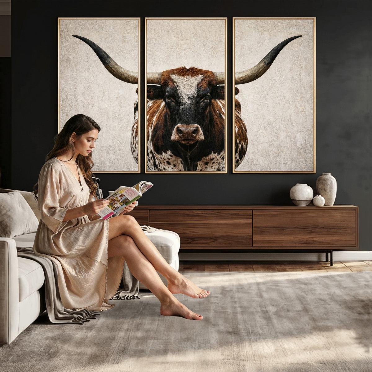 58622065-_Poster-30x20 - Texas Longhorn Canvas Wall Art, Western Bull in a Moody Grey Desert, Rustic Farmhouse Decor for Living Room