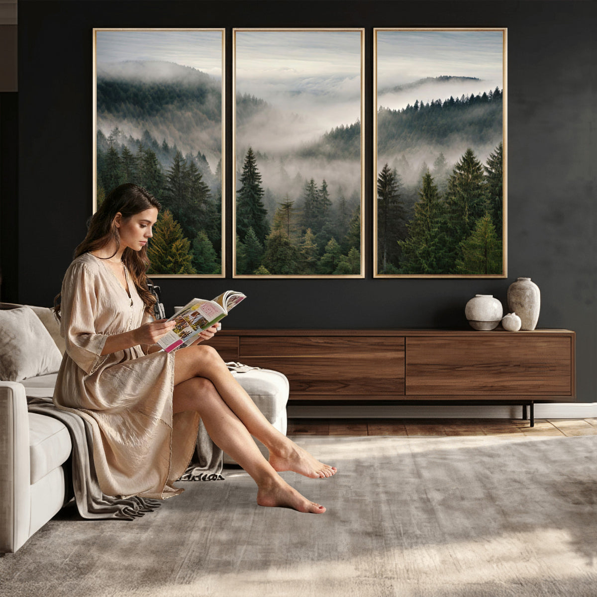 38409495-_Poster-30x20 - Misty Pine Valley Mountain Canvas Print 3 Piece Framed Wall Art Extra Large Floating Frame Nature Poster Made in USA