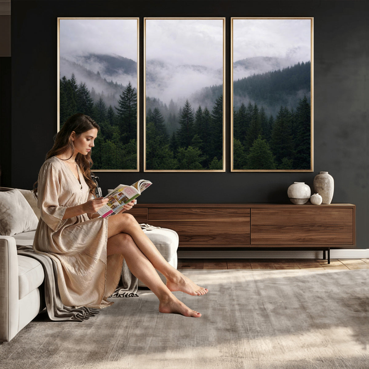 25432119-_Poster-30x20 - Misty Mountain Pine Forest Canvas Print 3 Piece Framed Wall Art Extra Large Floating Frame Nature Poster Made in USA