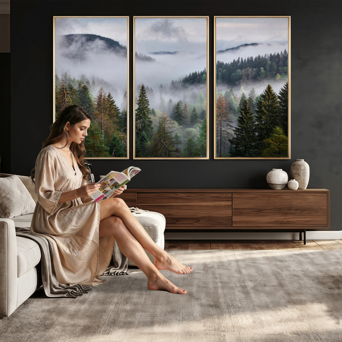 18735847-_Poster-30x20 - Foggy Pine Forest Mountain Canvas Print 3 Piece Framed Wall Art Extra Large Floating Frame Nature Poster Made in USA