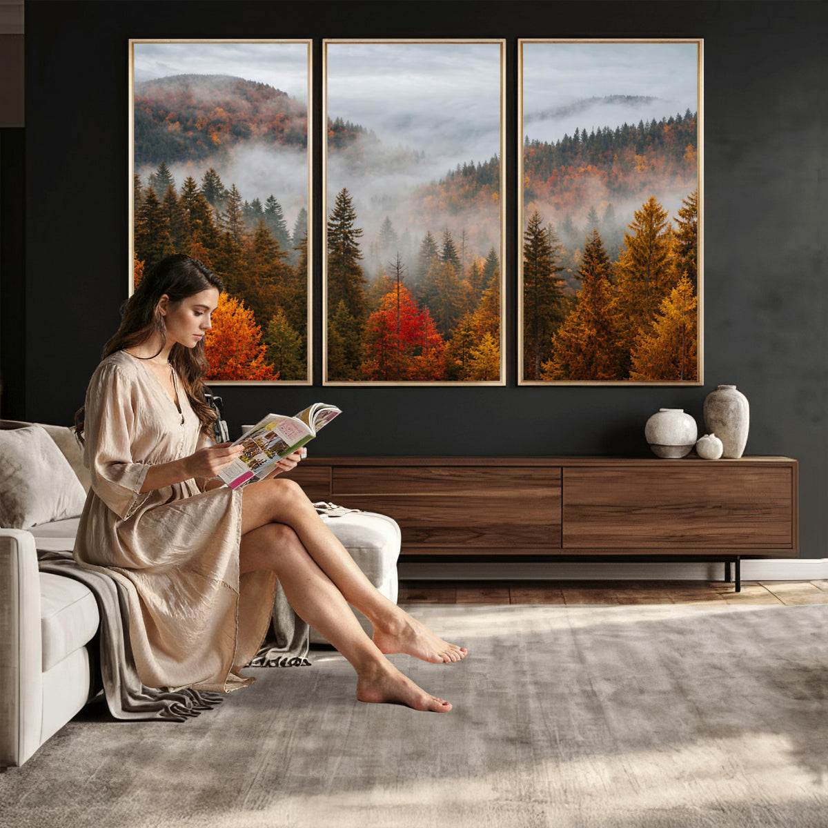 87481341-_Poster-30x20 - Foggy Autumn Mountain Canvas Print Smoky Pine Forest Wall Art Panoramic Nature Poster 3 Piece Made in USA