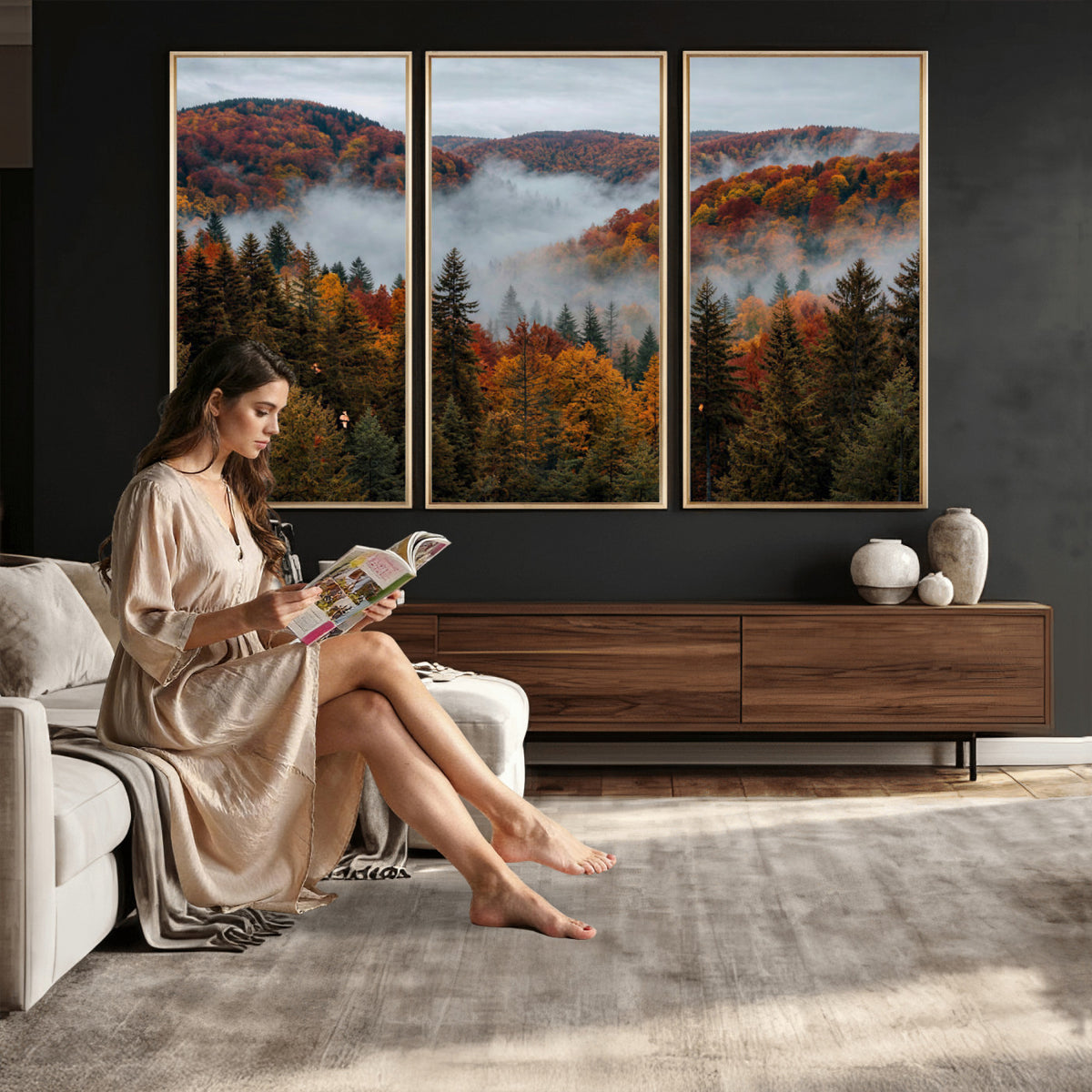26686263-_Poster-30x20 - Misty Autumn Forest Mountain Canvas Print 3 Panel Wall Art Gallery Wrapped Floating Frame Poster Made in USA