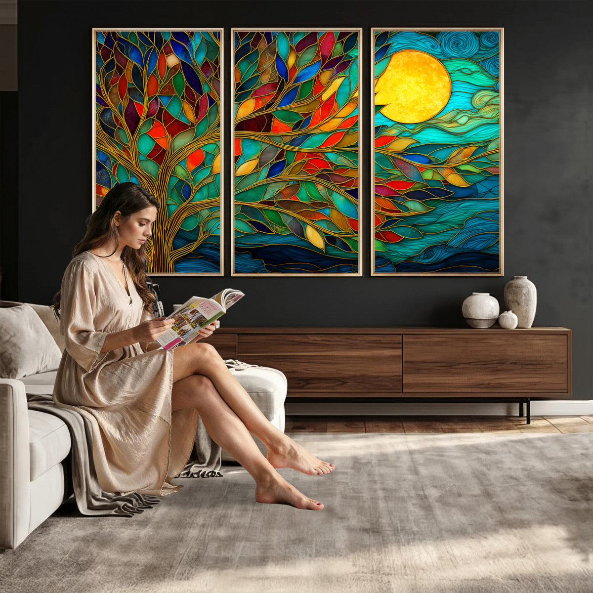 11877152-MGV-CV-36X24 - Stained Glass Tree Of Life Wall Art - Vibrant Mosaic Nature Home Decor