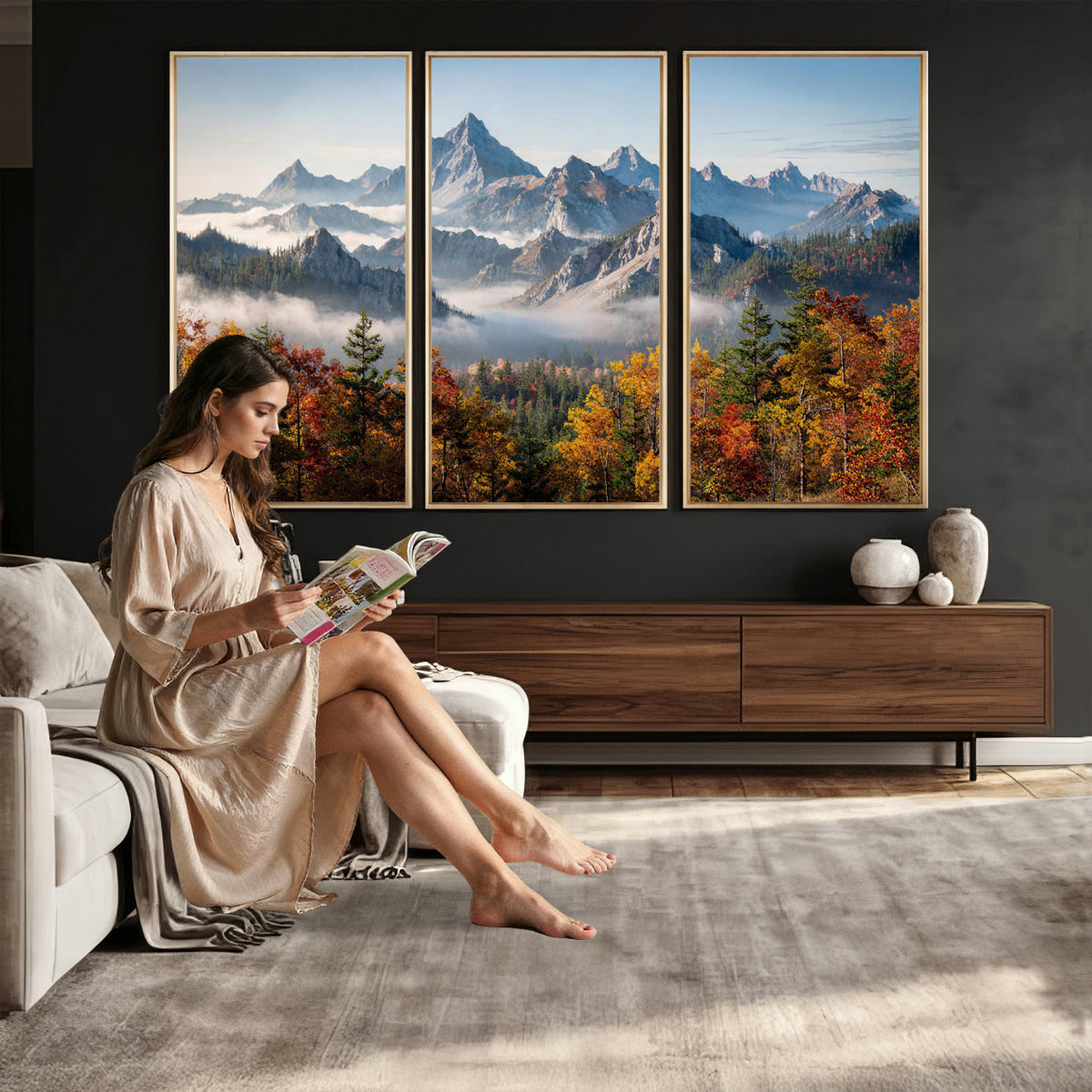38847944-MGV-TP-30X20 - Majestic Mountain Peak Canvas Wall Art - Panoramic Autumn Forest Fog Landscape Print