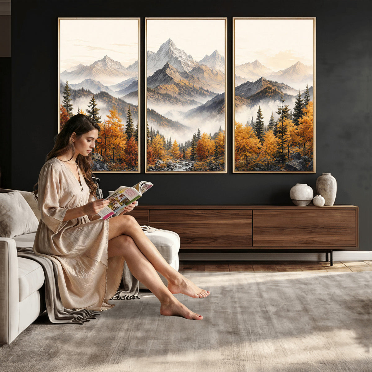 21309099-MGV-TP-30X20 - Extra Large Misty Mountain Autumn Forest Canvas Wall Art - Watercolor Fall Nature Landscape Print