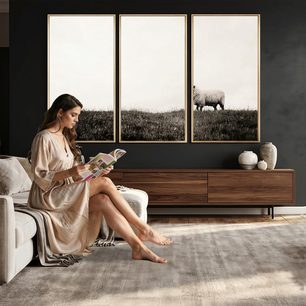 72749448-MGV-TP-30X20 - Minimalist Sepia Sheep Canvas Wall Art - Rustic Farmhouse Country Landscape Print